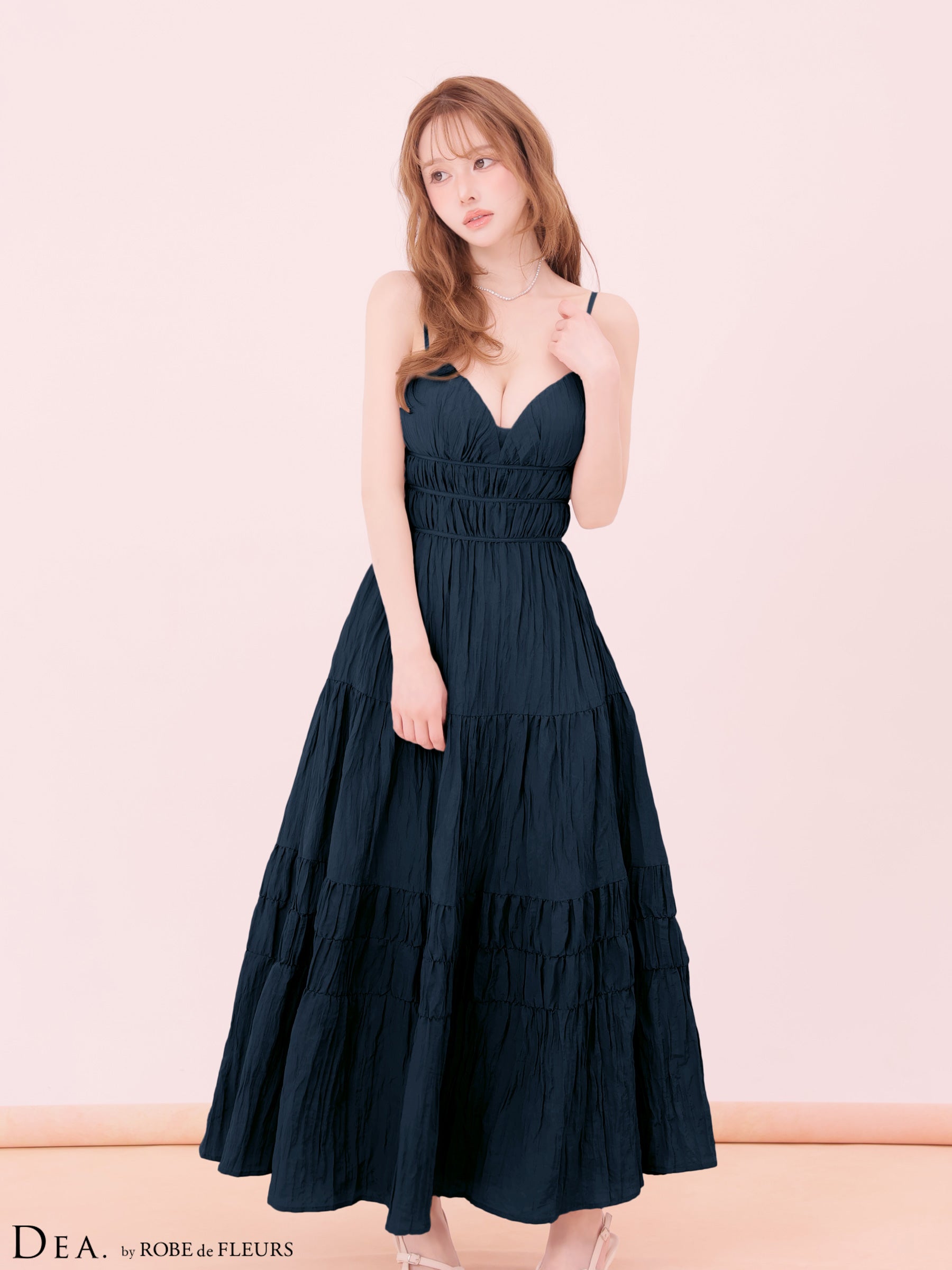 【XS〜Lサイズあり】サテンティアードバックリボンロングキャミキャバドレス(DE4664)