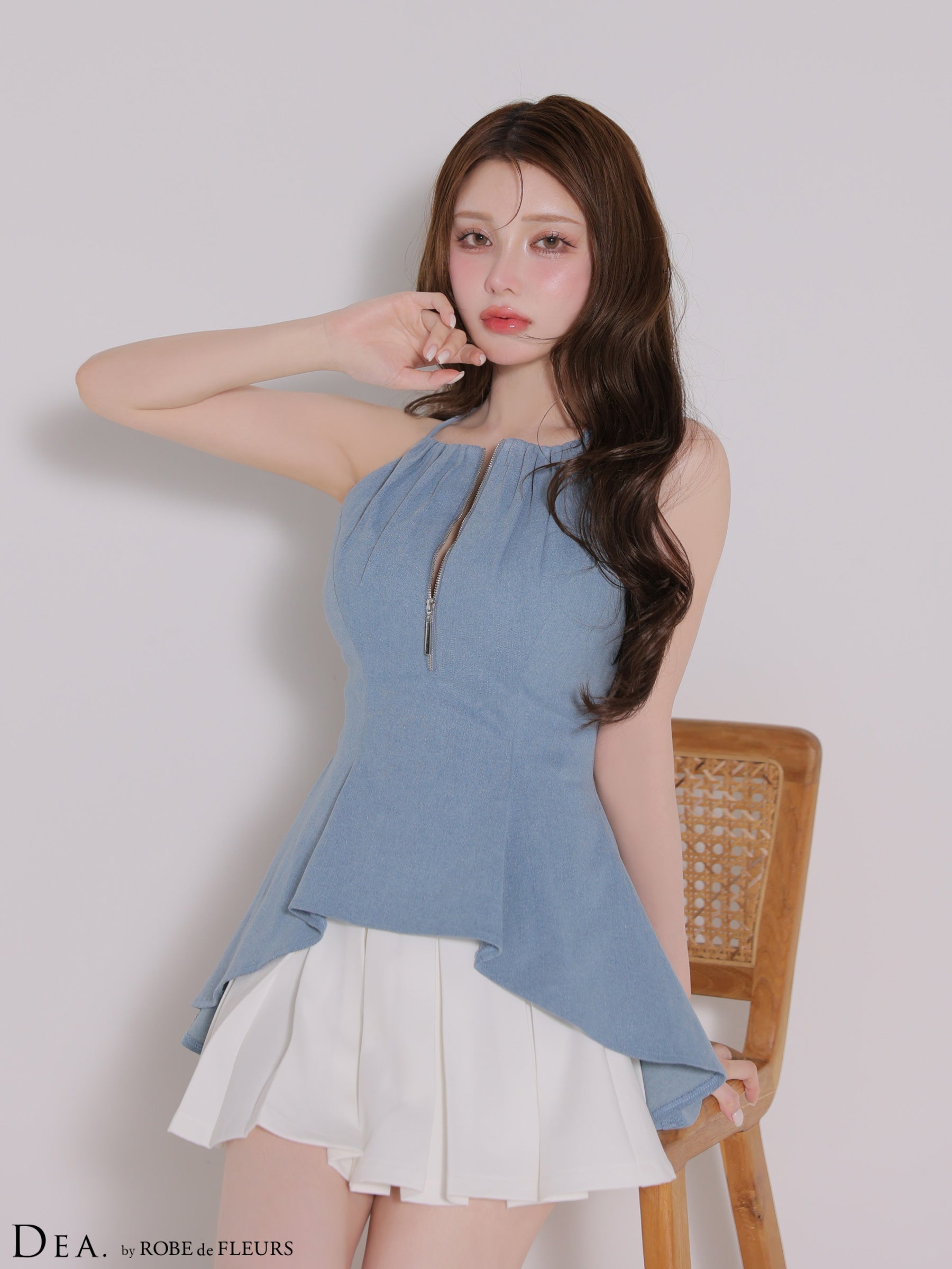 【XSサイズあり】フロントジップストレッチデニムペプラムミニキャバドレス(DE4670)