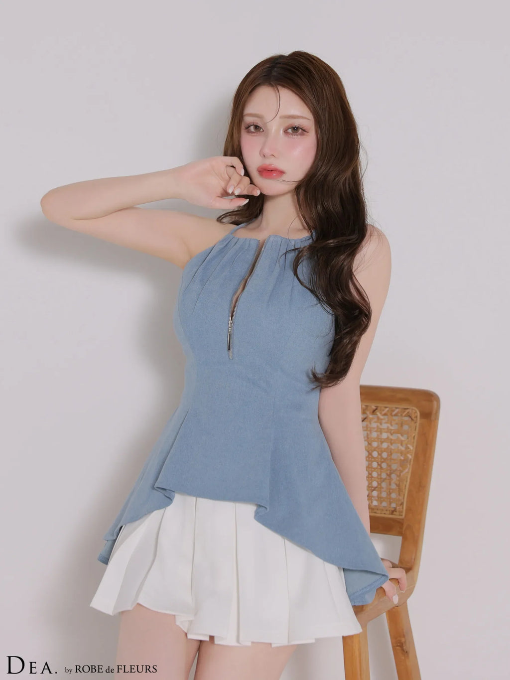 フロントジップストレッチデニムペプラムミニキャバドレス(DE4670)