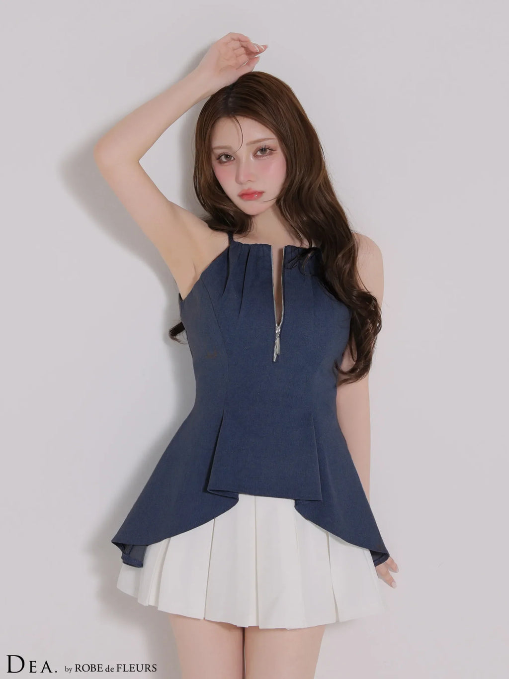 フロントジップストレッチデニムペプラムミニキャバドレス(DE4670)