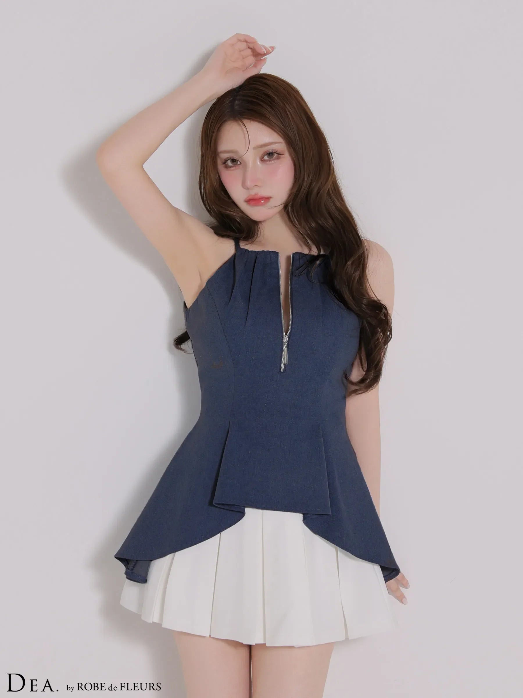 フロントジップストレッチデニムペプラムミニキャバドレス(DE4670)