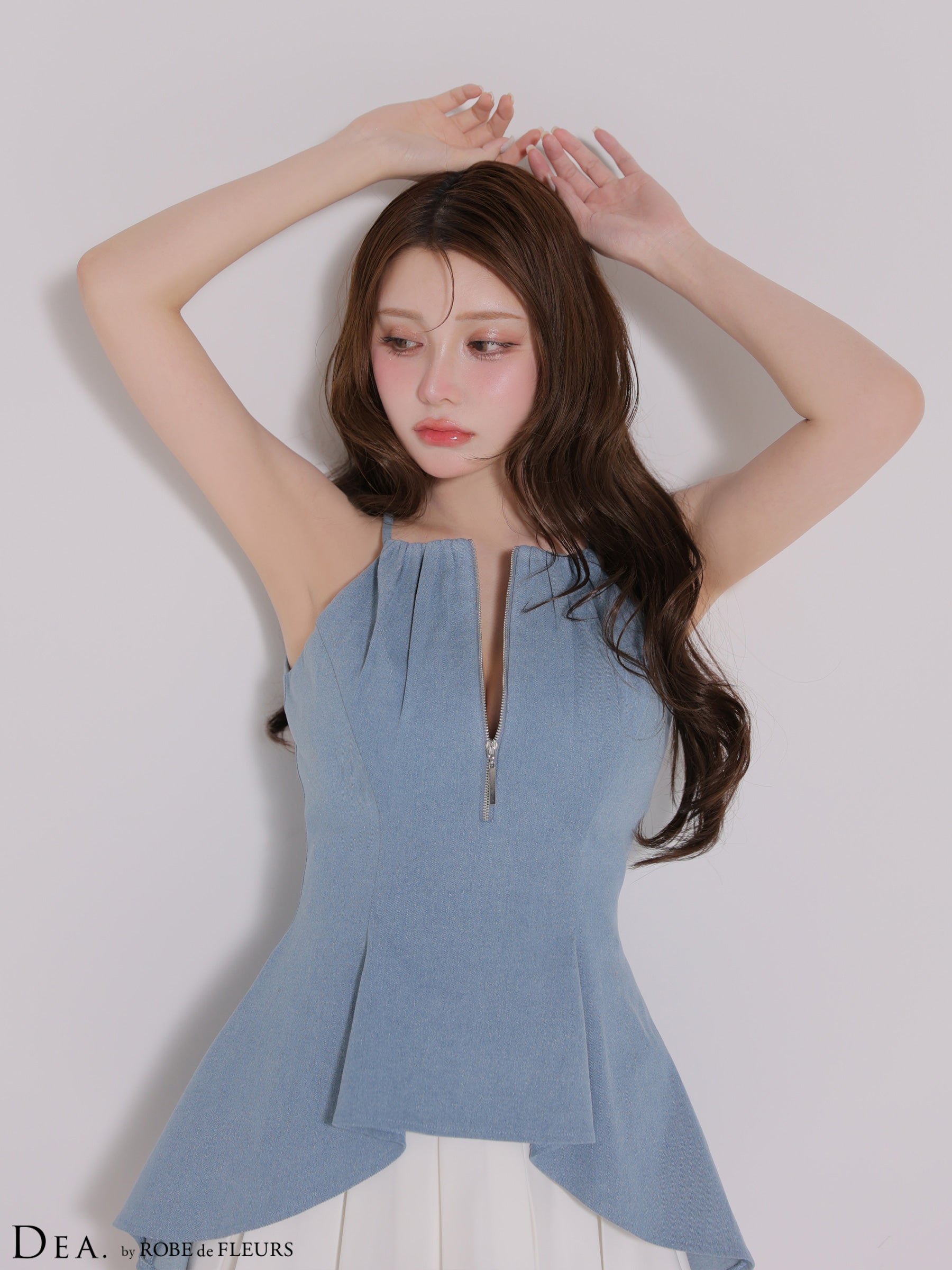 【XSサイズあり】フロントジップストレッチデニムペプラムミニキャバドレス(DE4670)