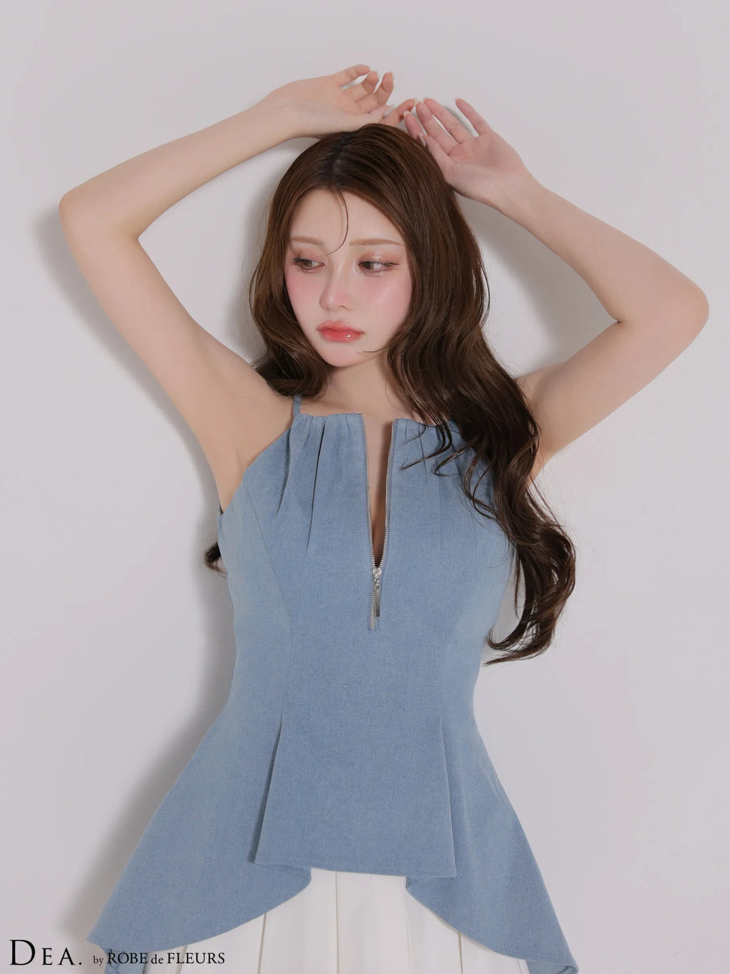フロントジップストレッチデニムペプラムミニキャバドレス(DE4670)