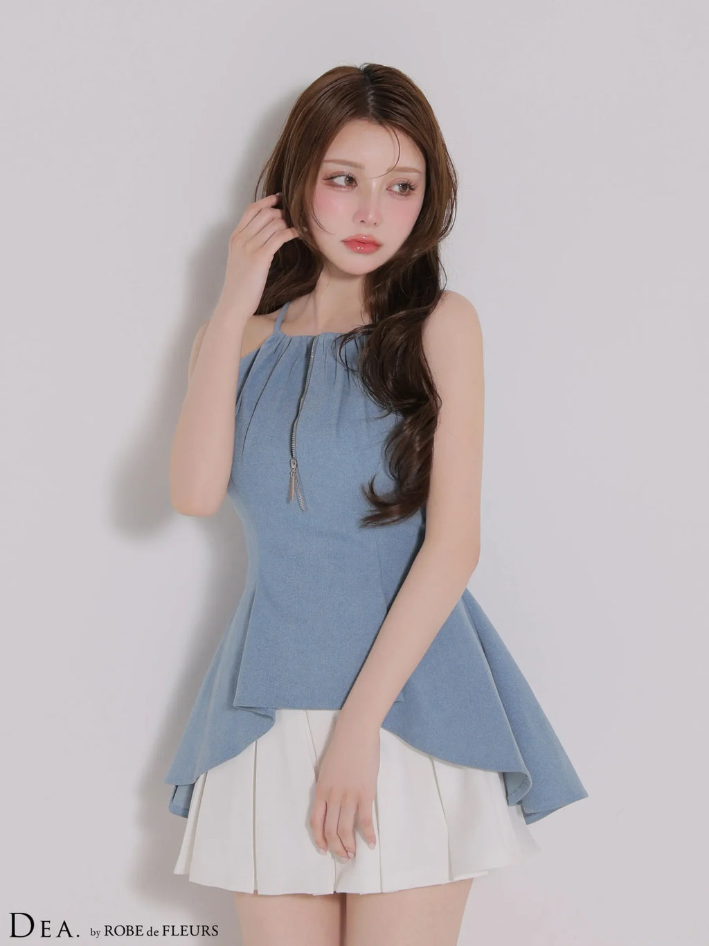 フロントジップストレッチデニムペプラムミニキャバドレス(DE4670)