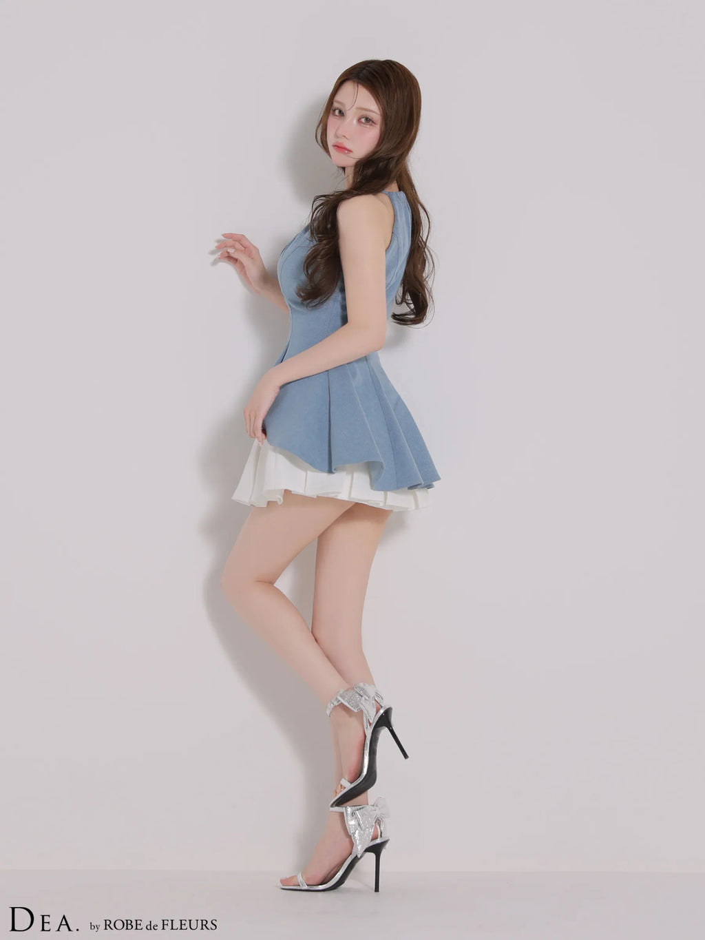 フロントジップストレッチデニムペプラムミニキャバドレス(DE4670)