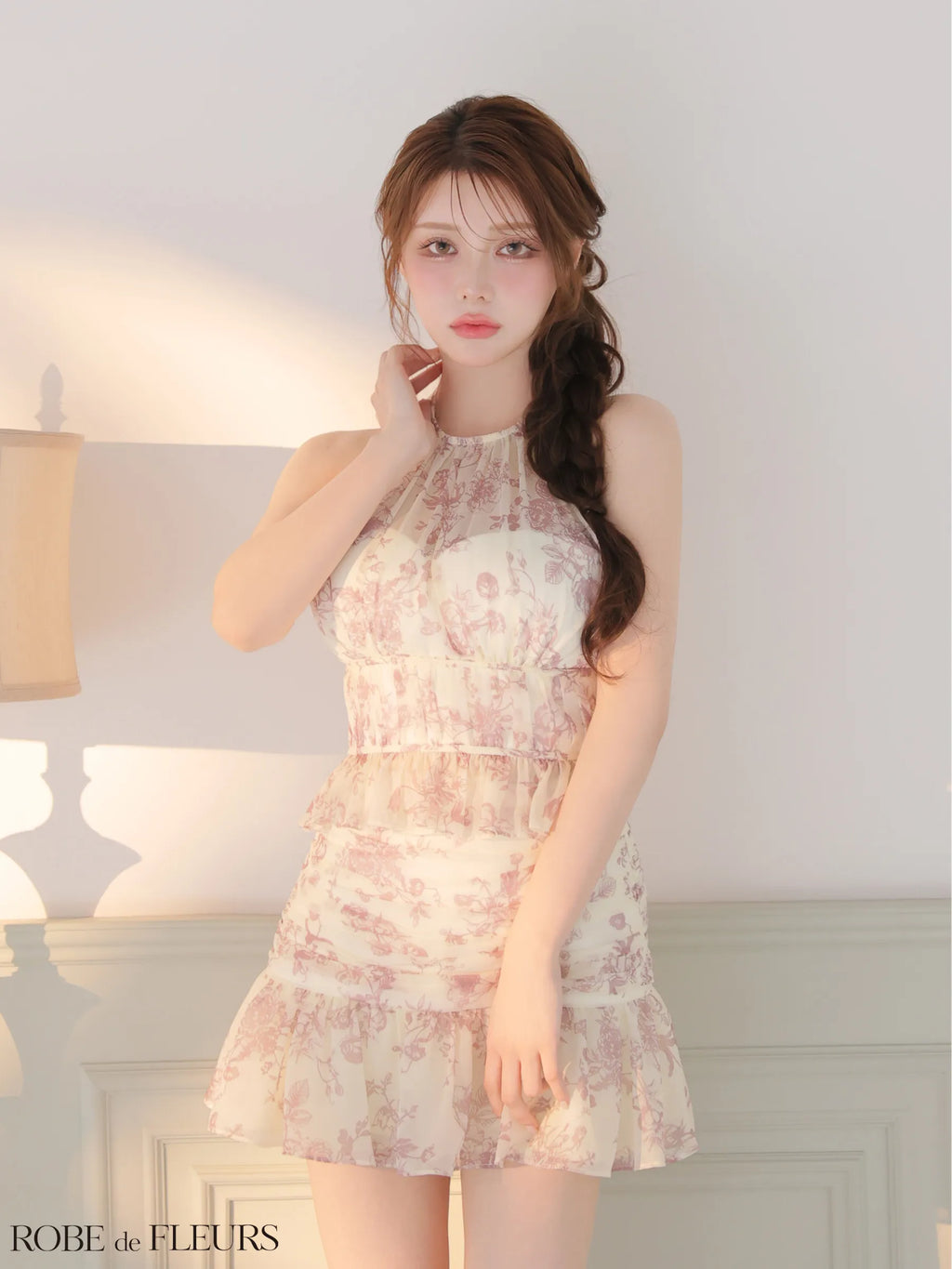 シフォンフラワーホルターネックセットアップミニキャバドレス (fm4679)