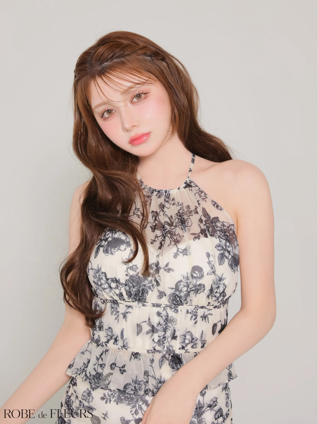 シフォンフラワーホルターネックセットアップミニキャバドレス (fm4679)
