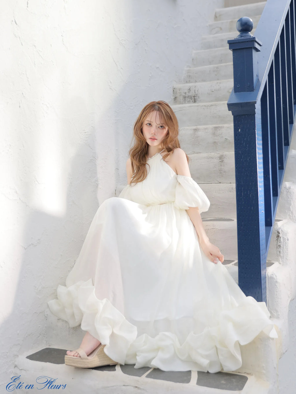 Puff sleeve tuck frill long dress(VC4681)