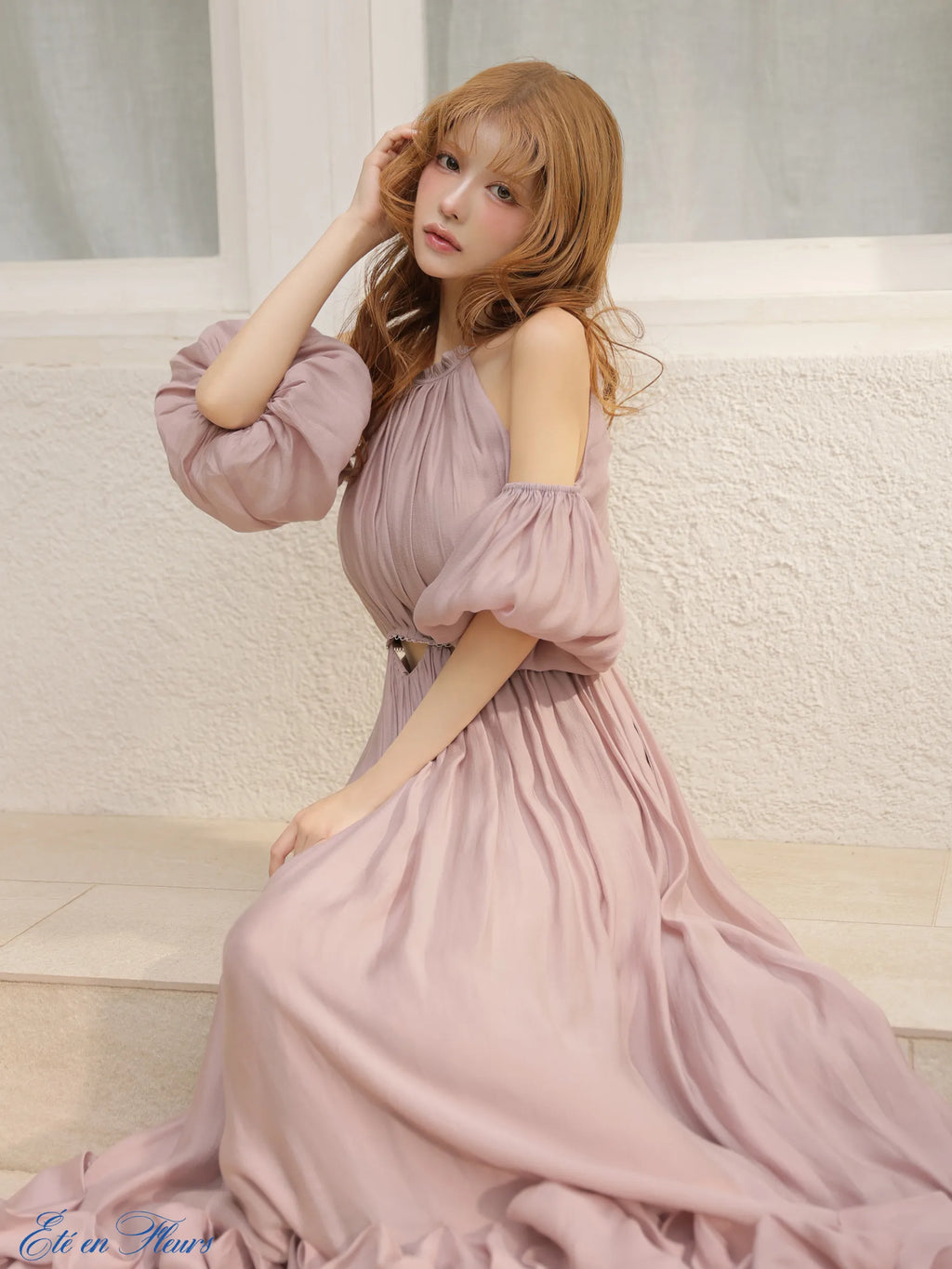 Puff sleeve tuck frill long dress(VC4681)