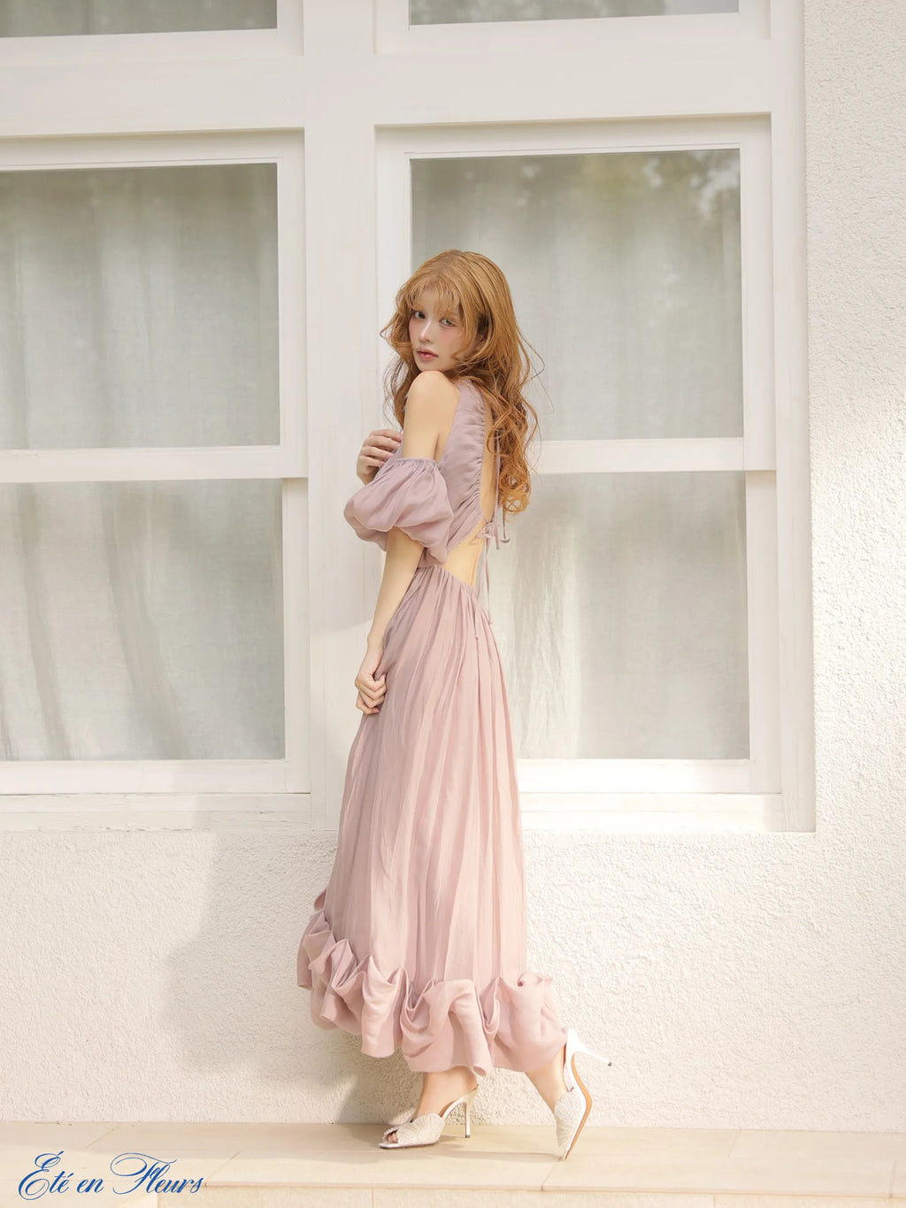 Puff sleeve tuck frill long dress(VC4681)