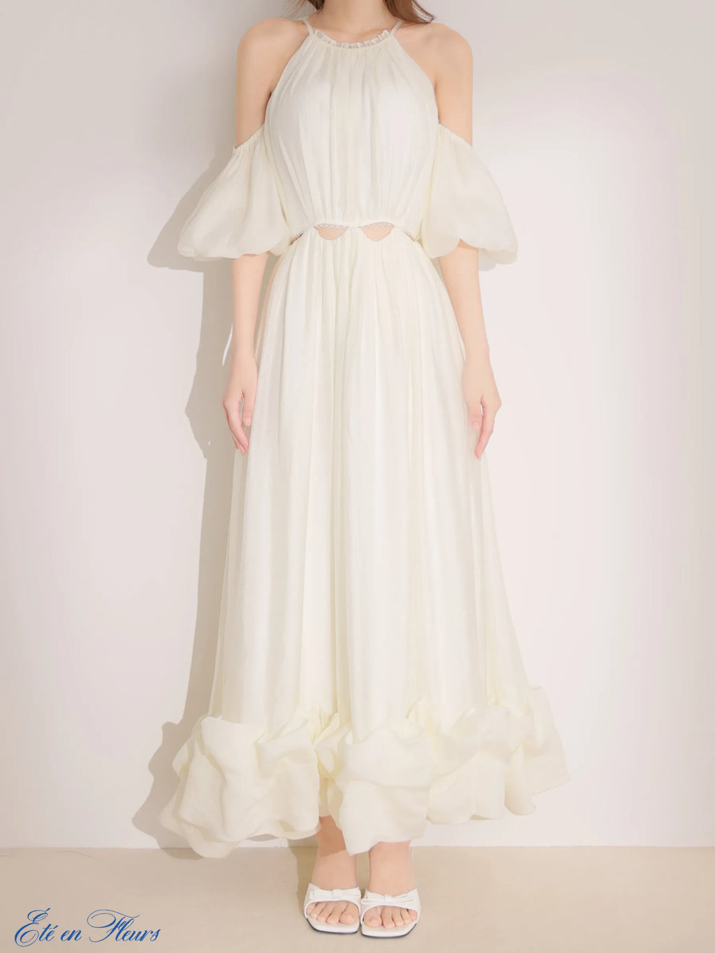 Puff sleeve tuck frill long dress(VC4681)