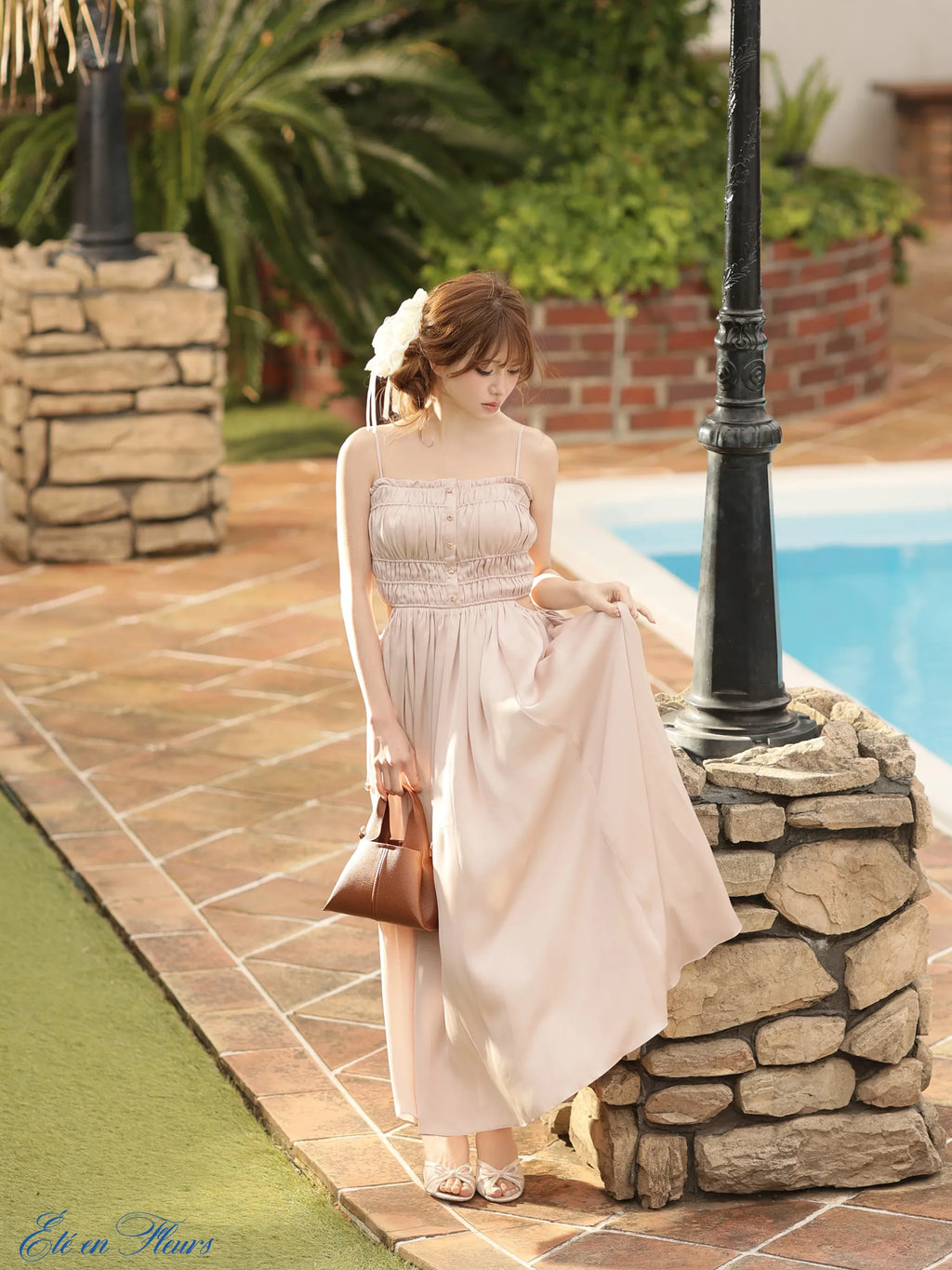 Satin gathered cami long dress(VC4685)