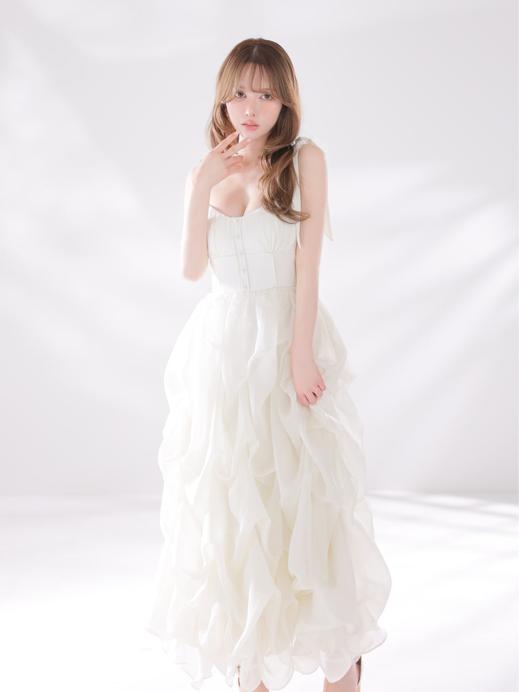 ★予約商品★【8月上旬頃入荷予定】【XS～Lサイズあり】ショルダーリボンバルーンフリルロングキャバドレス(fm4687)