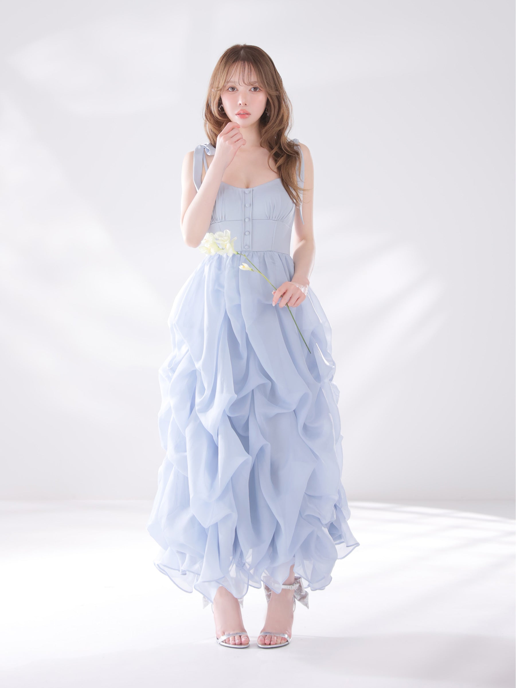 ★予約商品★【8月上旬頃入荷予定】【XS～Lサイズあり】ショルダーリボンバルーンフリルロングキャバドレス(fm4687)