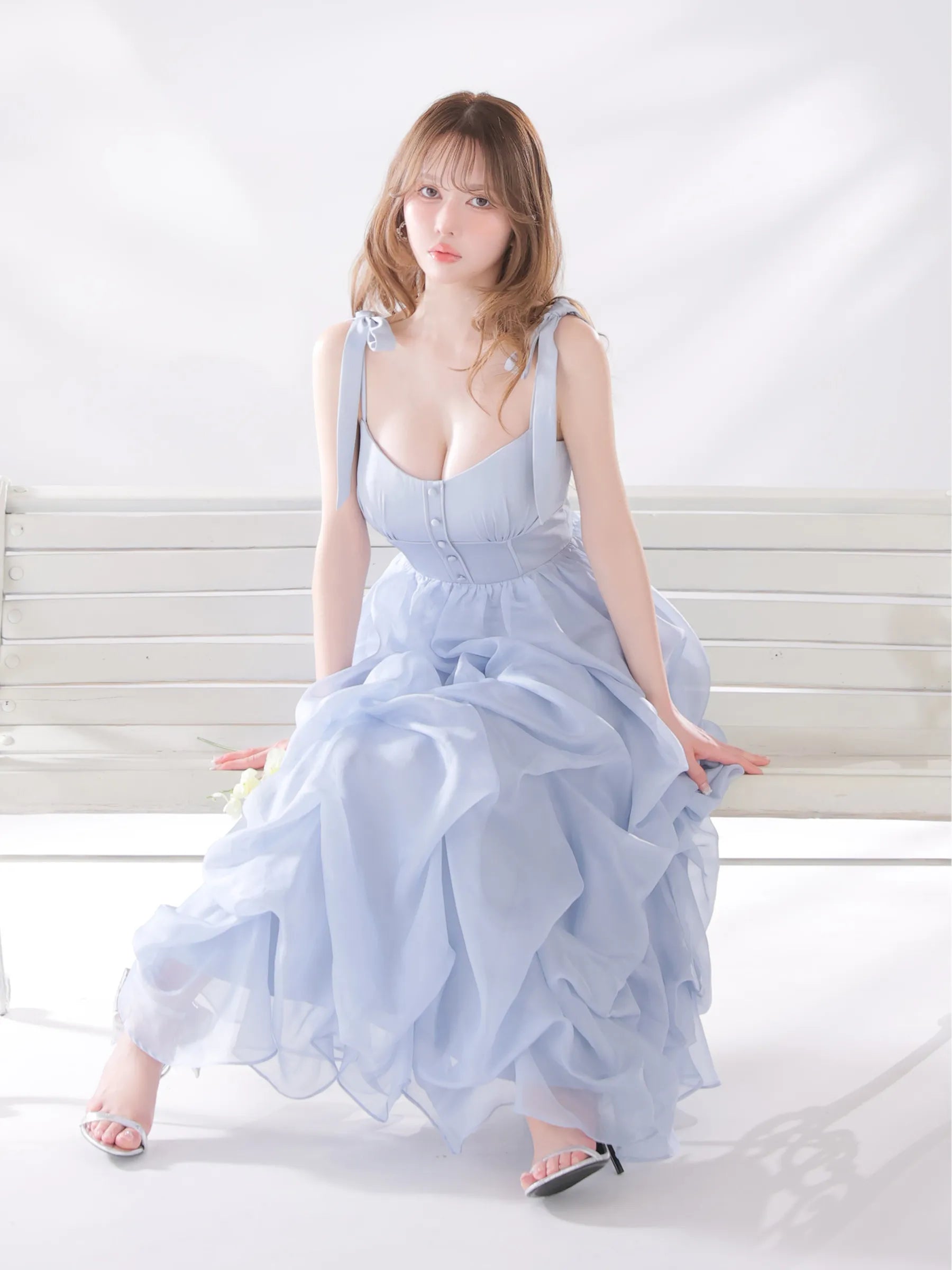 【予約】ショルダーリボンバルーンフリルロングキャバドレス(fm4687)