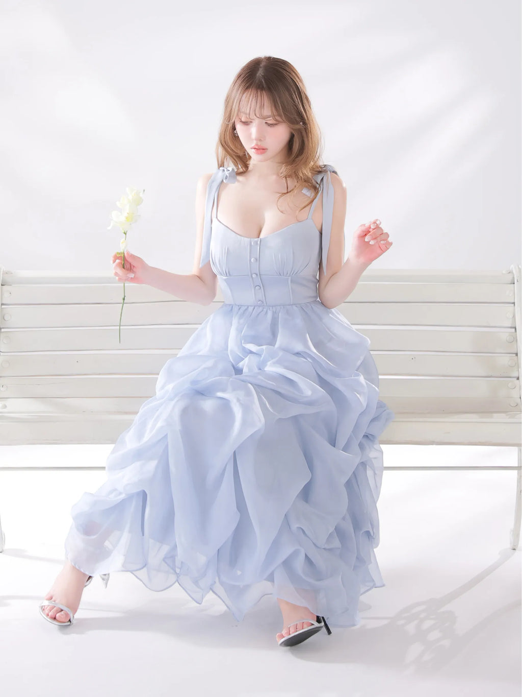 ショルダーリボンバルーンフリルロングキャバドレス(fm4687)