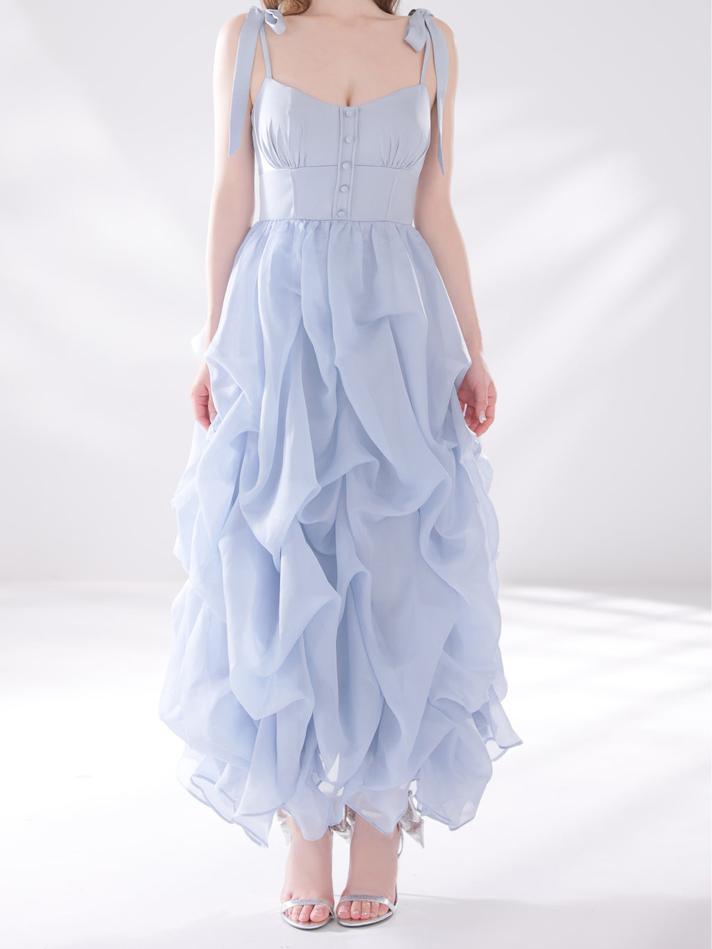 ★予約商品★【8月上旬頃入荷予定】【XS～Lサイズあり】ショルダーリボンバルーンフリルロングキャバドレス(fm4687)