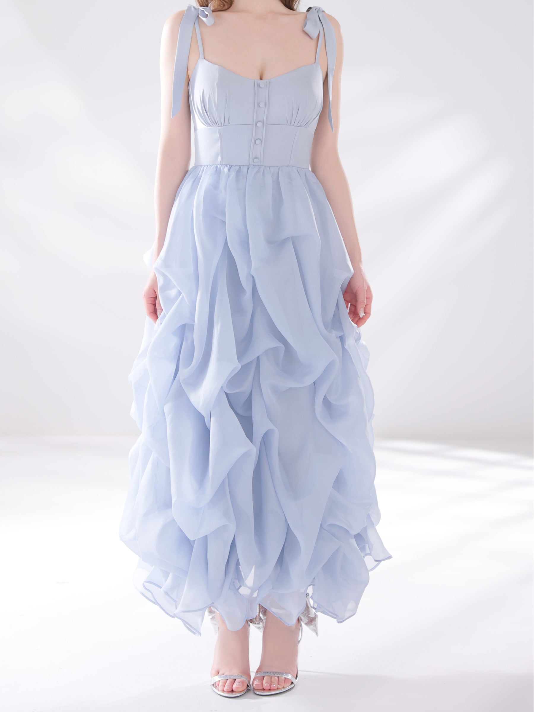 ★予約商品★【8月上旬頃入荷予定】【XS～Lサイズあり】ショルダーリボンバルーンフリルロングキャバドレス(fm4687)