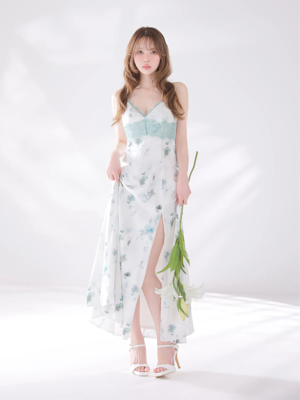 花柄サテンレースラインフレアロングキャバドレス(DE4694)