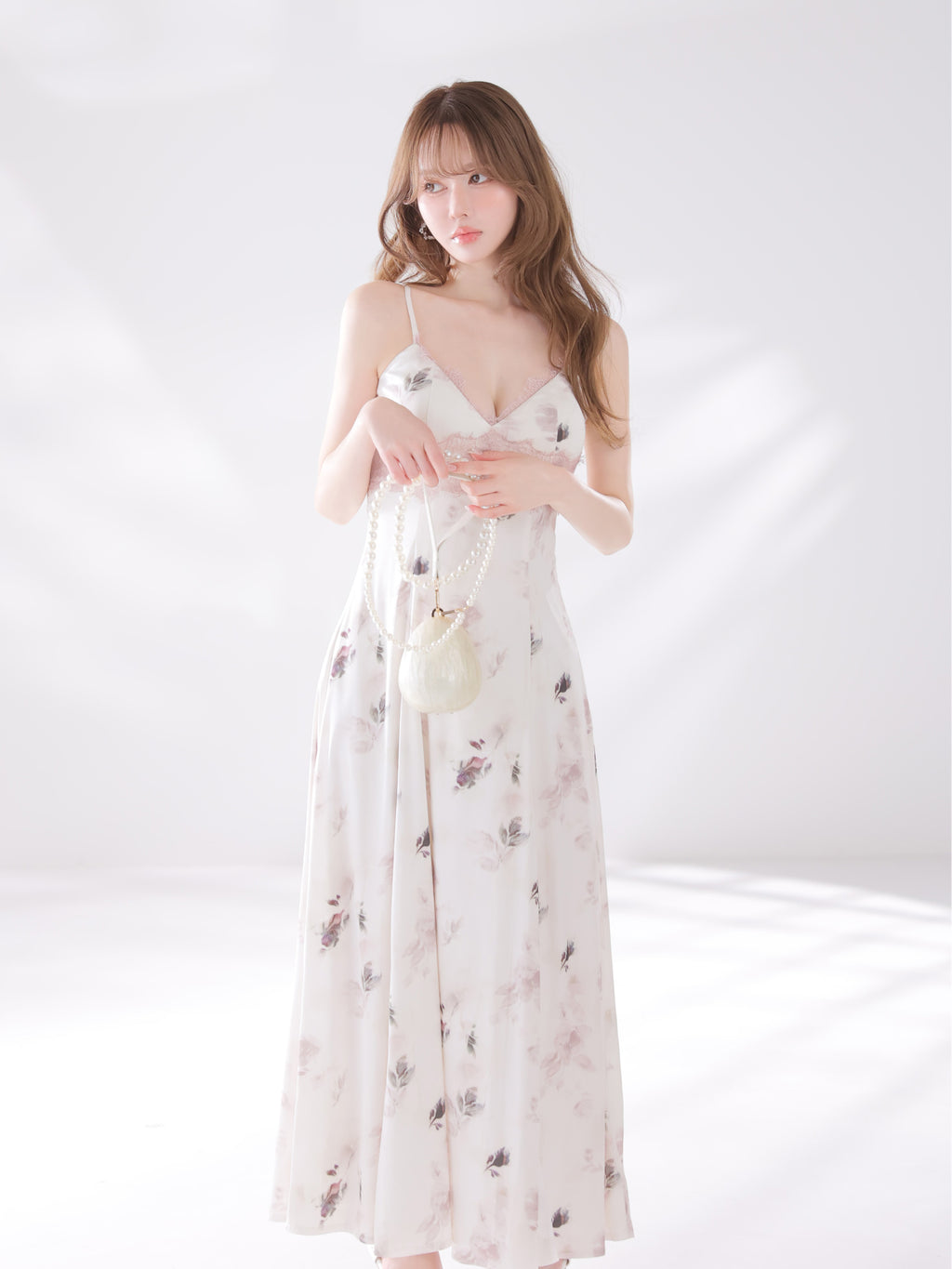 【XSサイズあり】花柄サテンレースラインフレアロングキャバドレス(DE4694)
