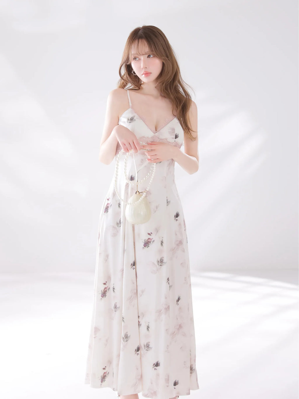 花柄サテンレースラインフレアロングキャバドレス(DE4694)