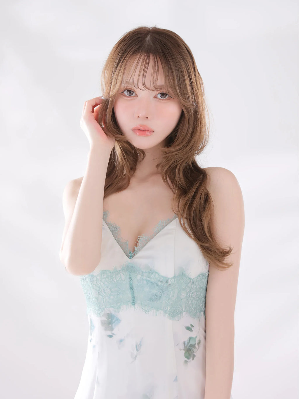 花柄サテンレースラインフレアロングキャバドレス(DE4694)