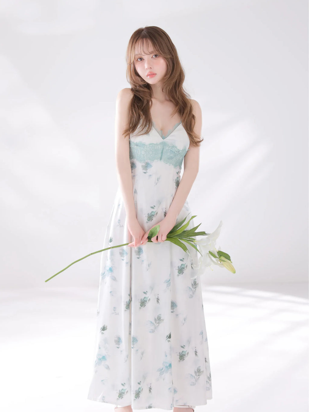花柄サテンレースラインフレアロングキャバドレス(DE4694)