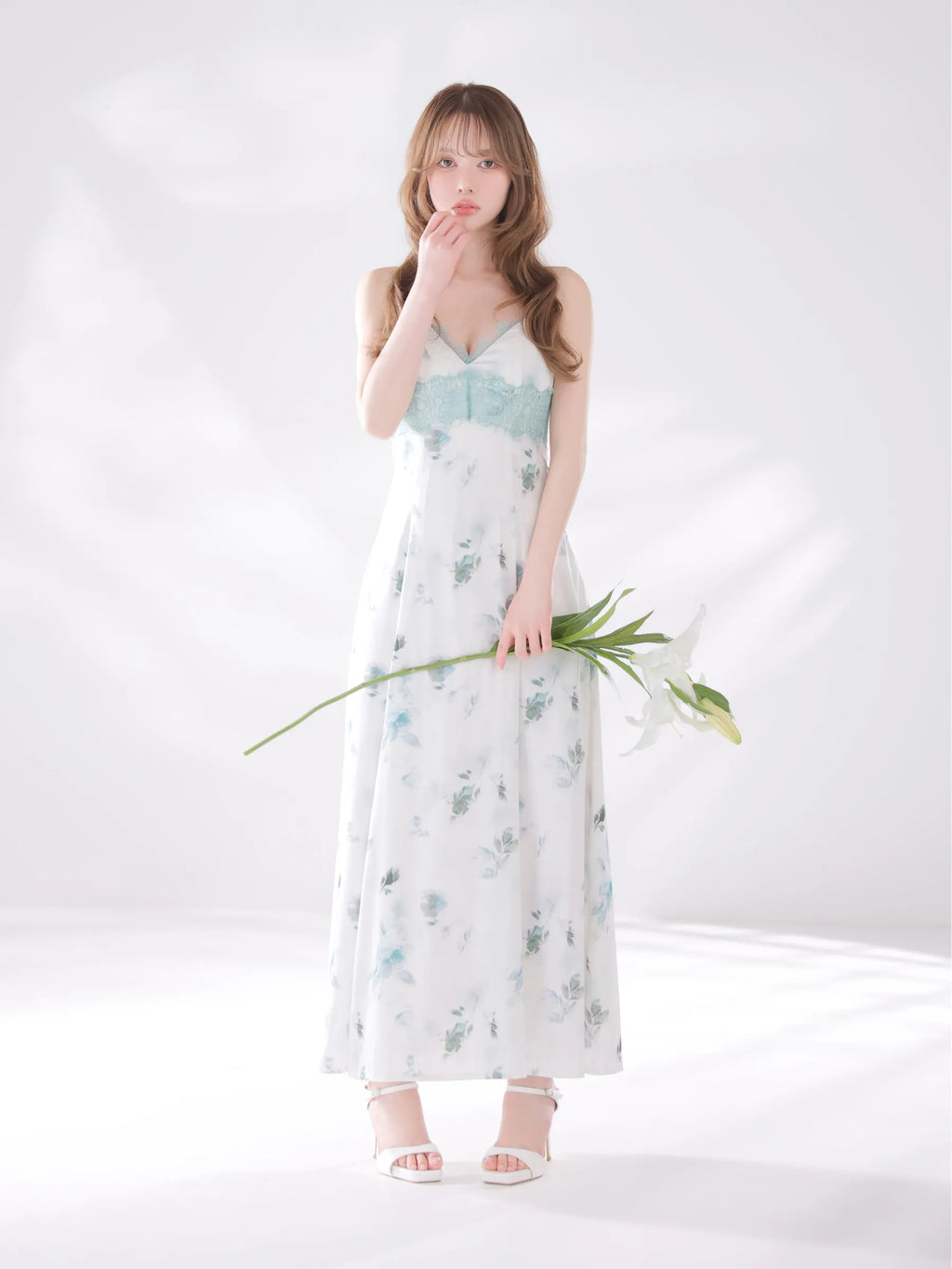花柄サテンレースラインフレアロングキャバドレス(DE4694)