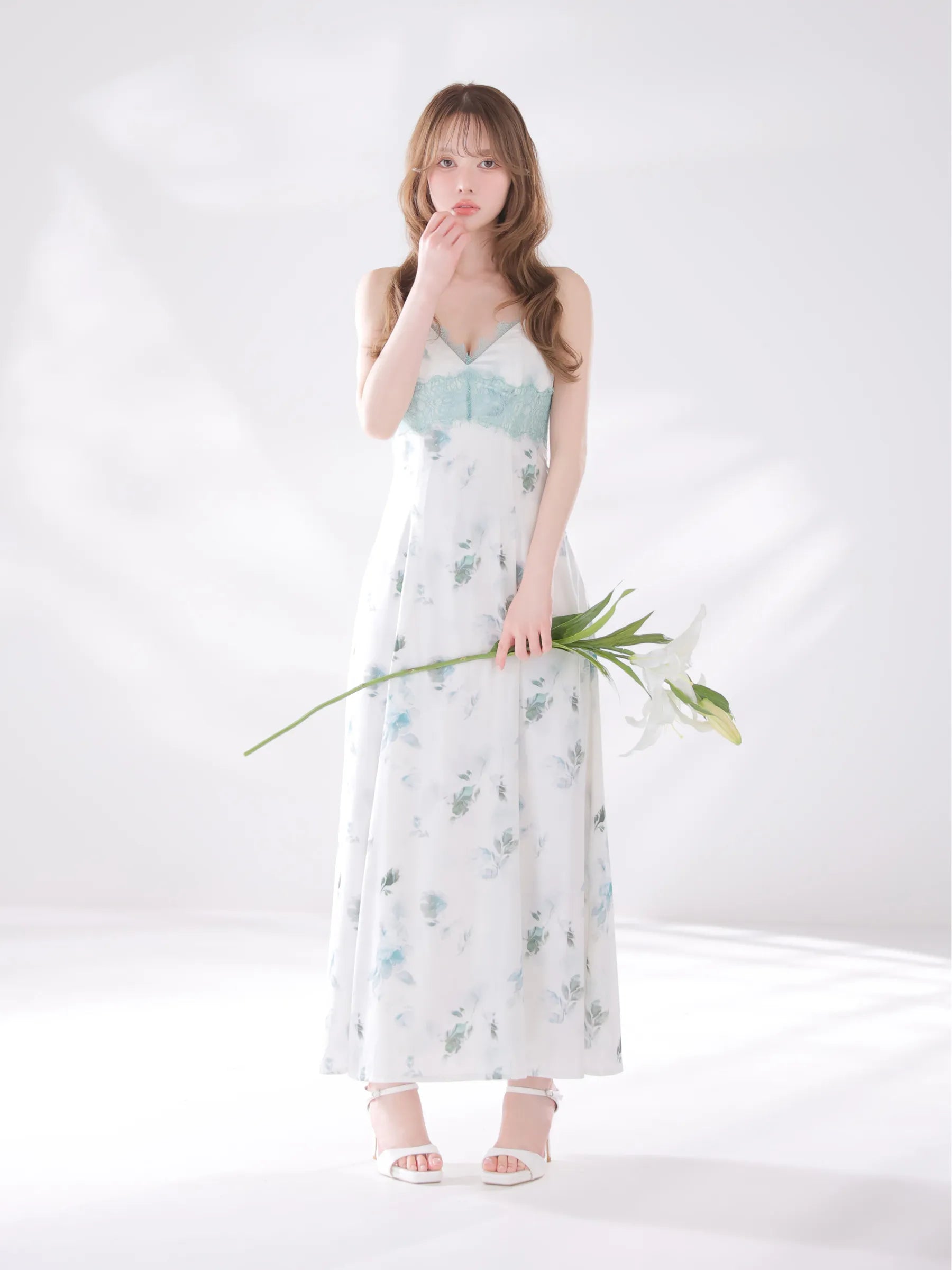 花柄サテンレースラインフレアロングキャバドレス(DE4694)