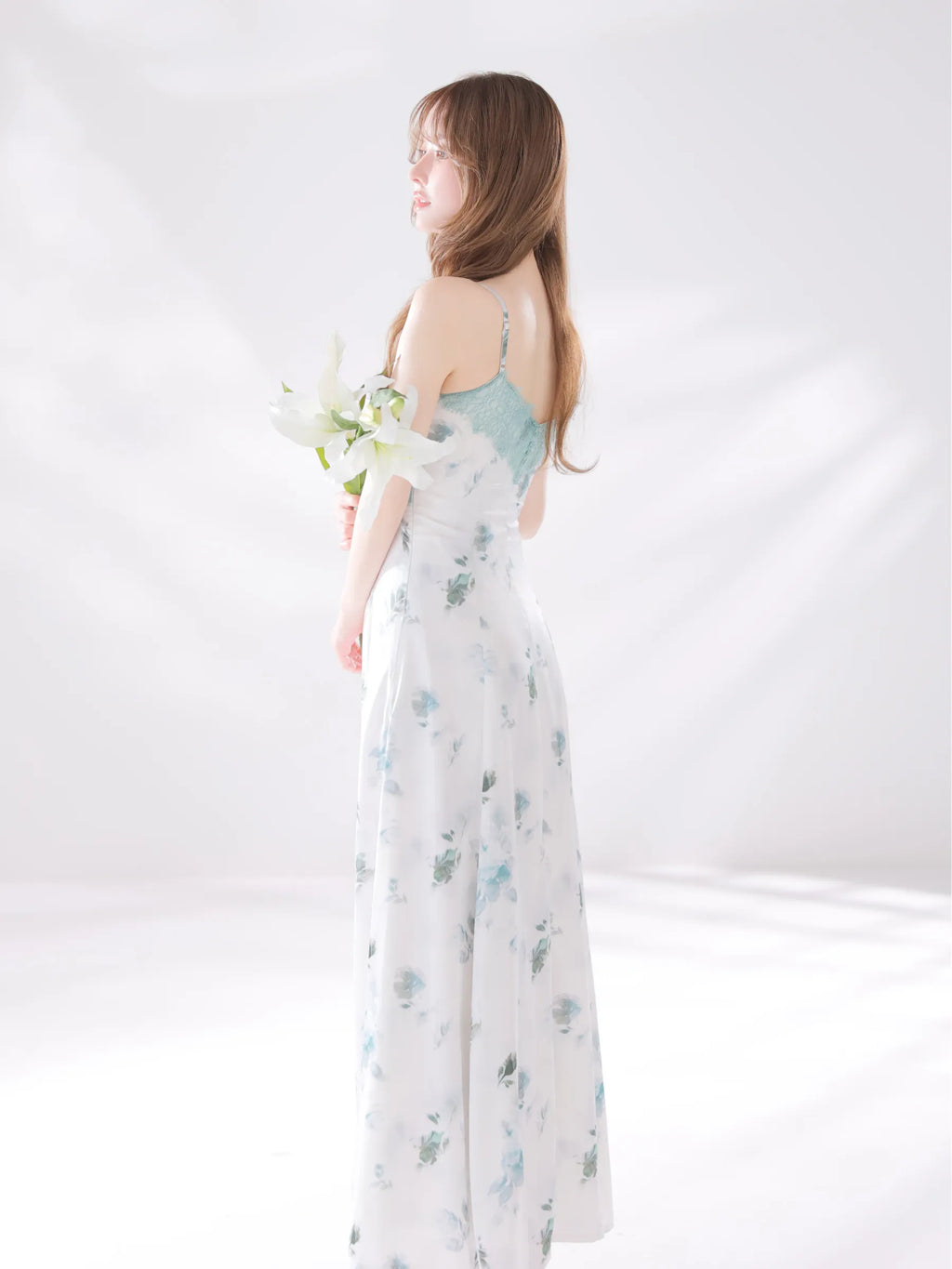 花柄サテンレースラインフレアロングキャバドレス(DE4694)