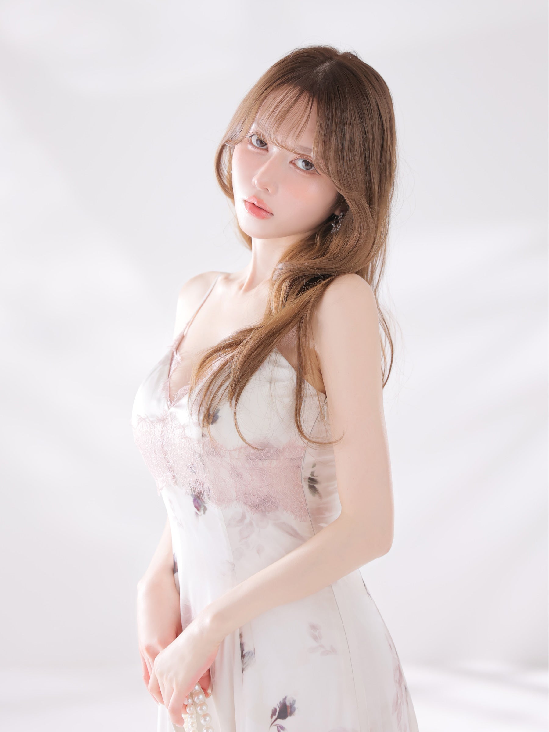【XSサイズあり】花柄サテンレースラインフレアロングキャバドレス(DE4694)