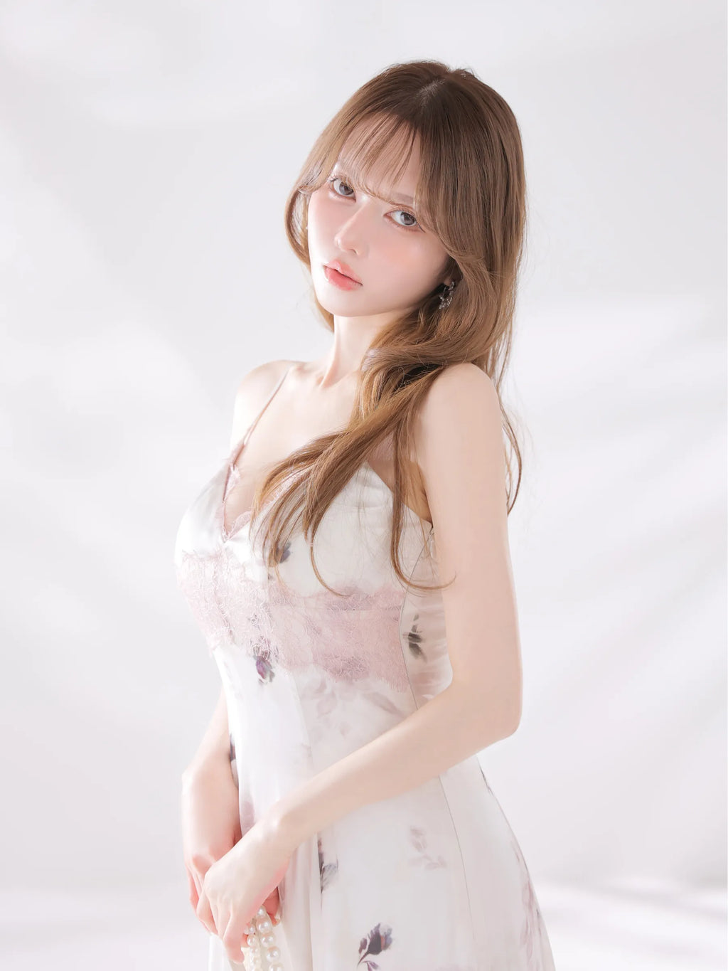 花柄サテンレースラインフレアロングキャバドレス(DE4694)