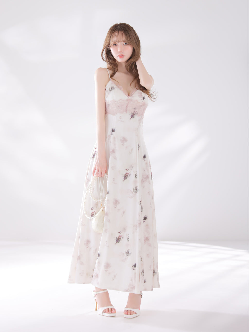 【XSサイズあり】花柄サテンレースラインフレアロングキャバドレス(DE4694)