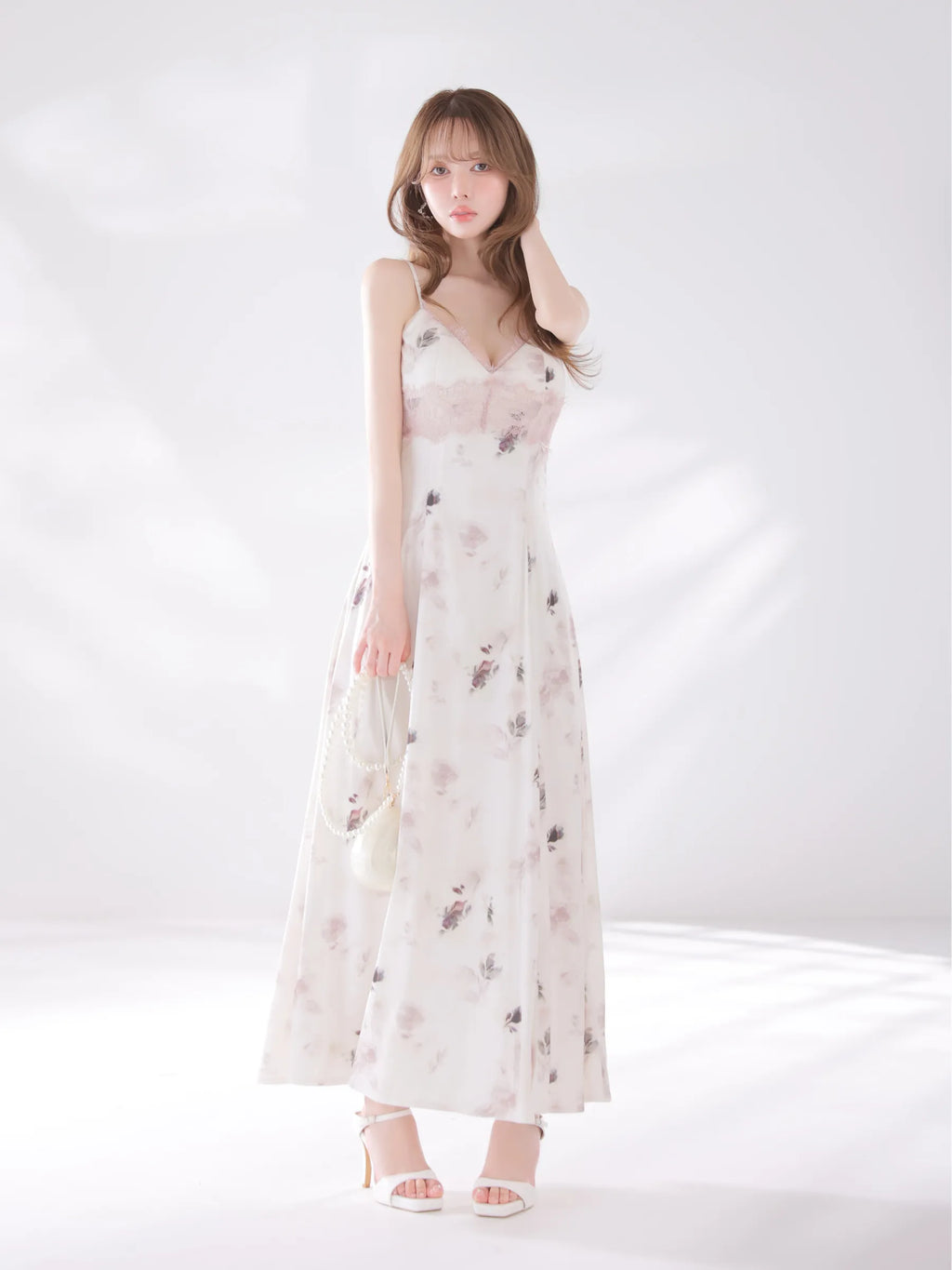 花柄サテンレースラインフレアロングキャバドレス(DE4694)