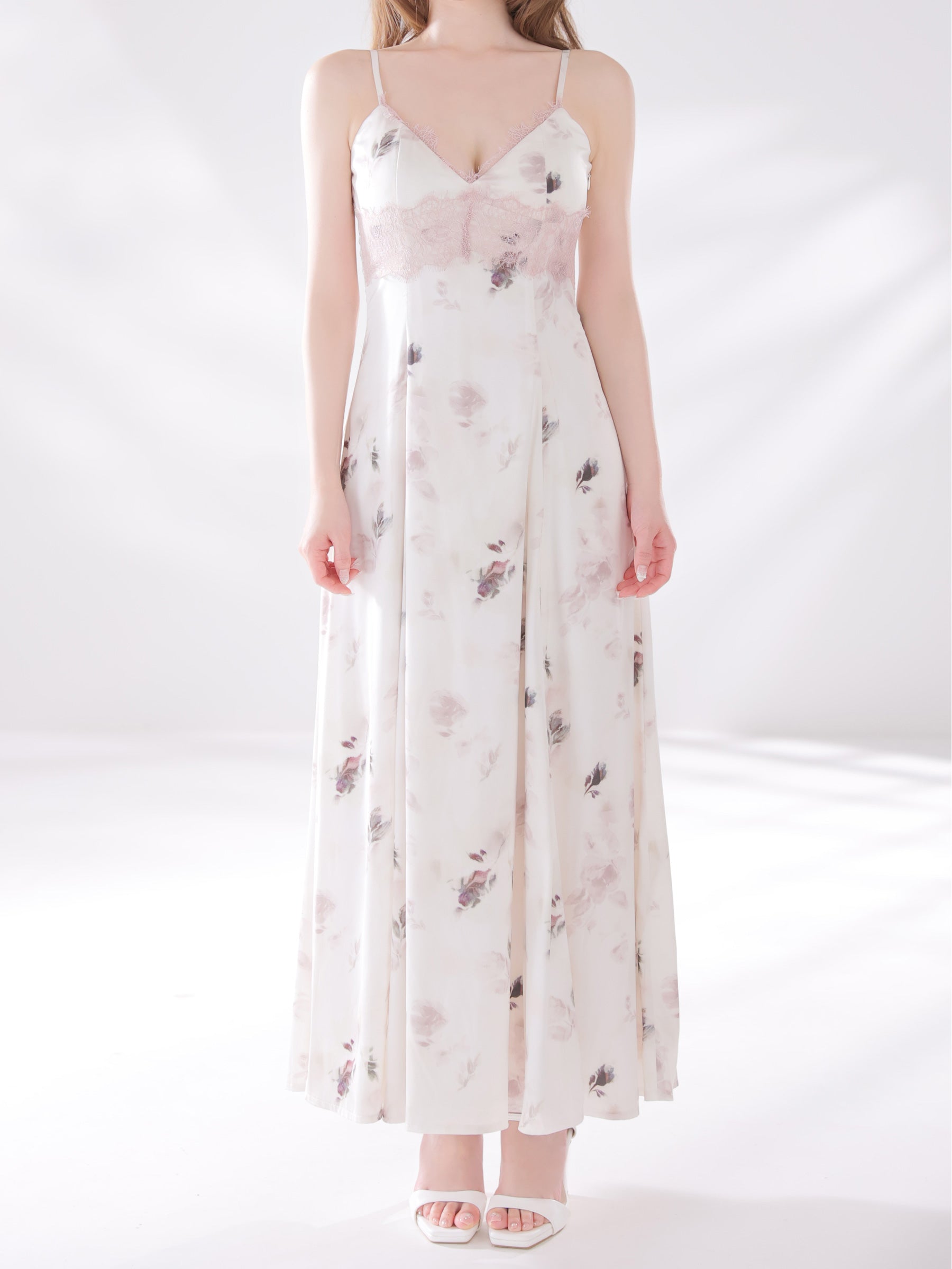【XSサイズあり】花柄サテンレースラインフレアロングキャバドレス(DE4694)