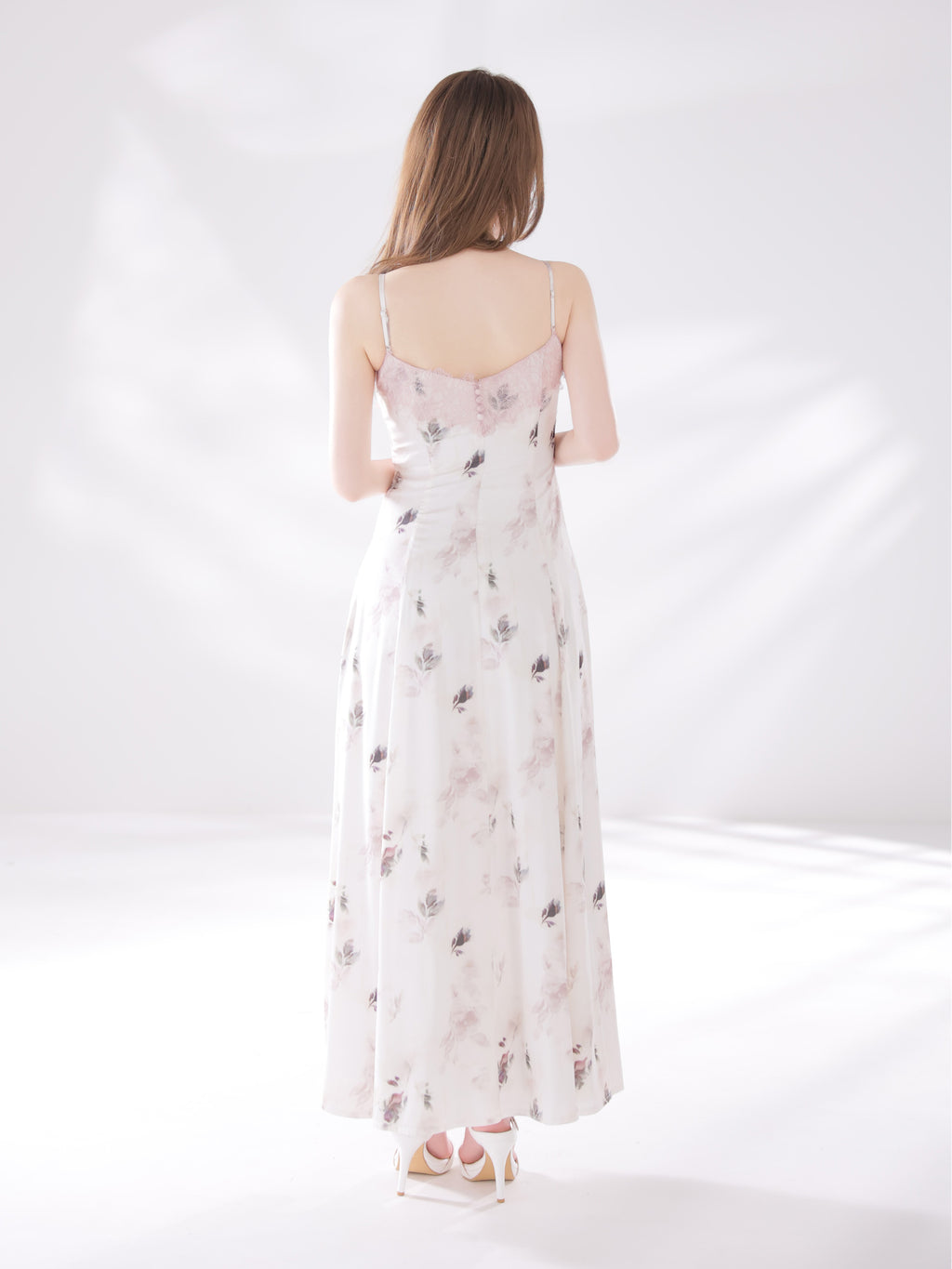 【XSサイズあり】花柄サテンレースラインフレアロングキャバドレス(DE4694)