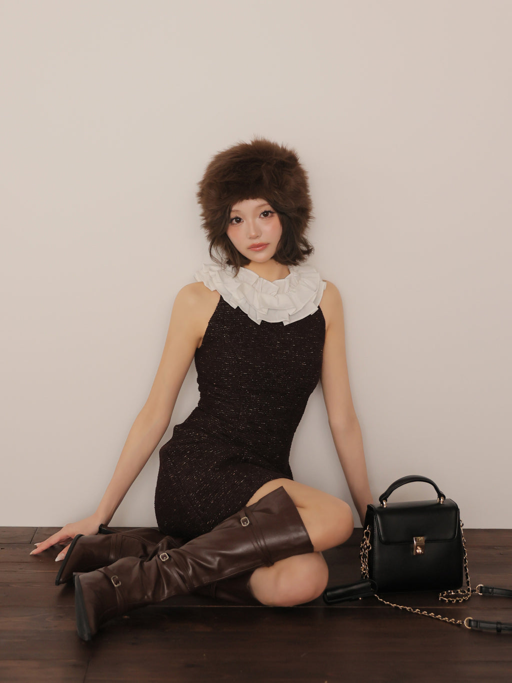 【予約】バックリボンフリルカラーツイードミニキャバドレス (DE4697)