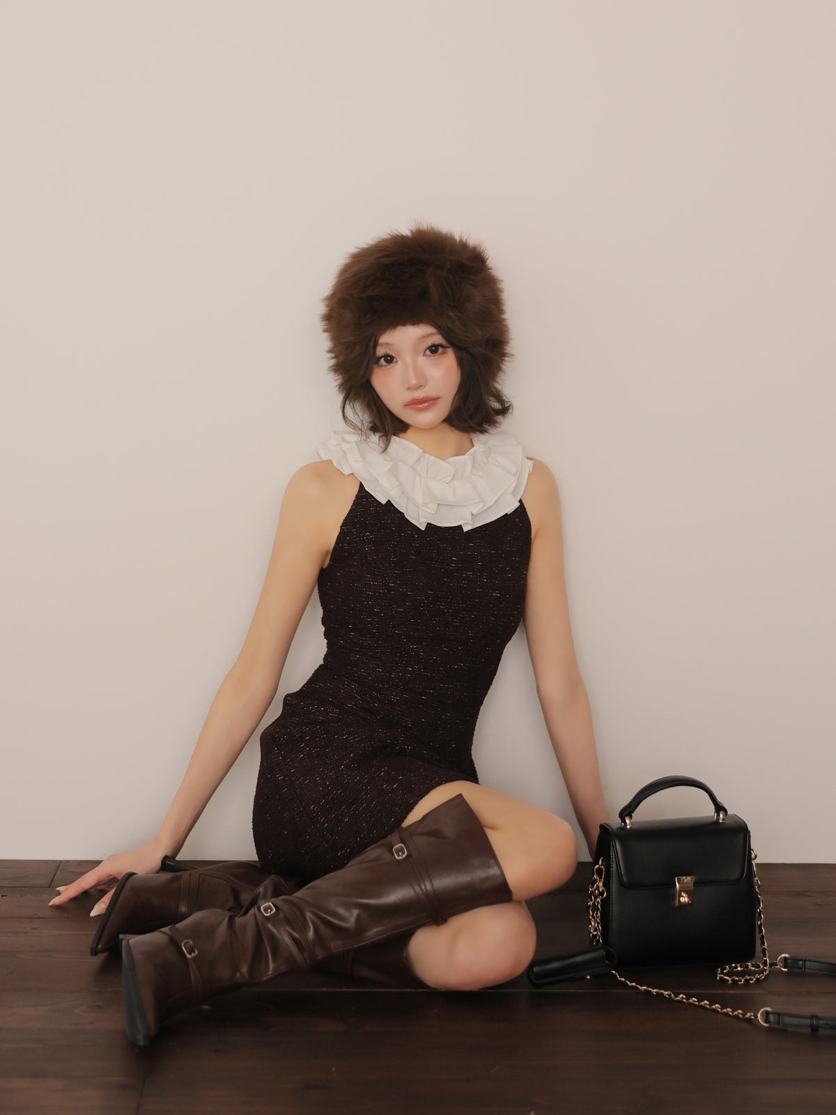 【予約】バックリボンフリルカラーツイードミニキャバドレス (DE4697)