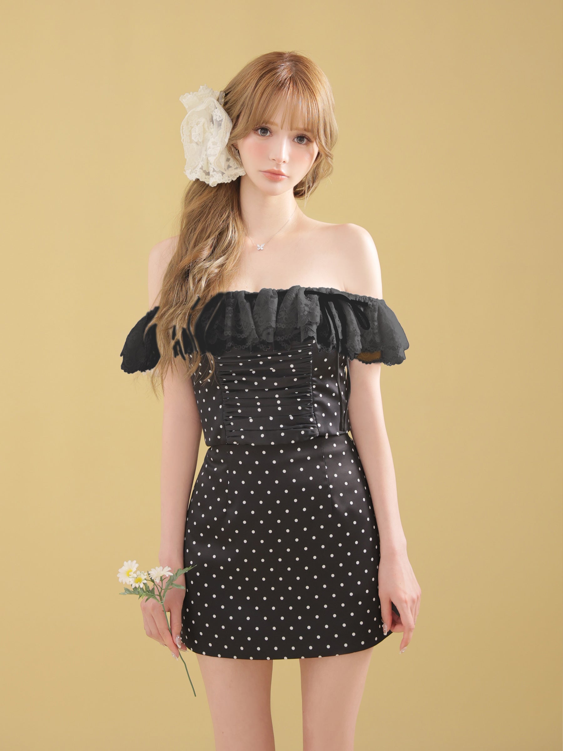 ★予約商品★【7月中旬頃入荷予定】【XSサイズあり】ドットオフショルリボンセットアップミニキャバドレス (fm4805)