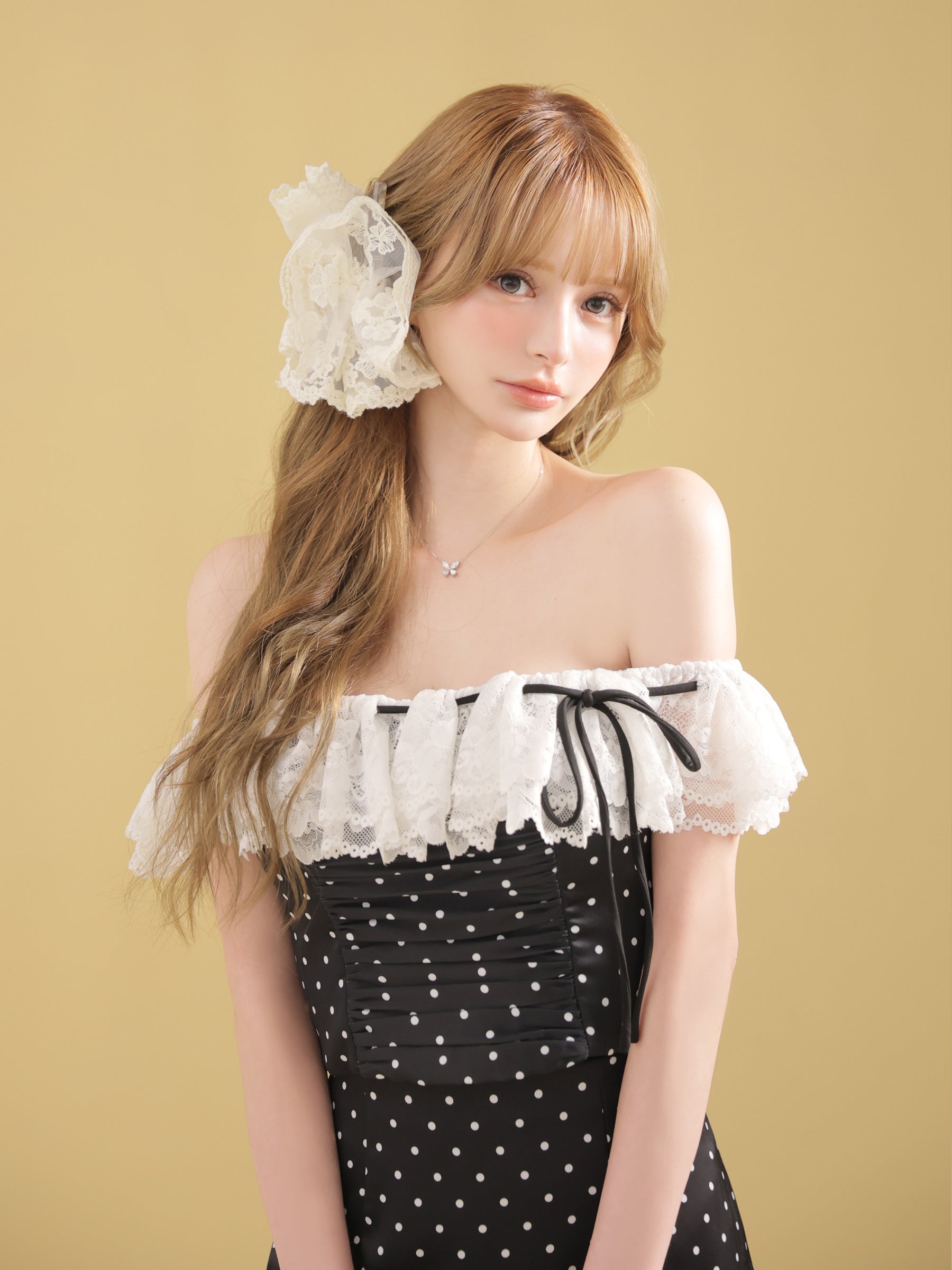 ★予約商品★【7月中旬頃入荷予定】【XSサイズあり】ドットオフショルリボンセットアップミニキャバドレス (fm4805)