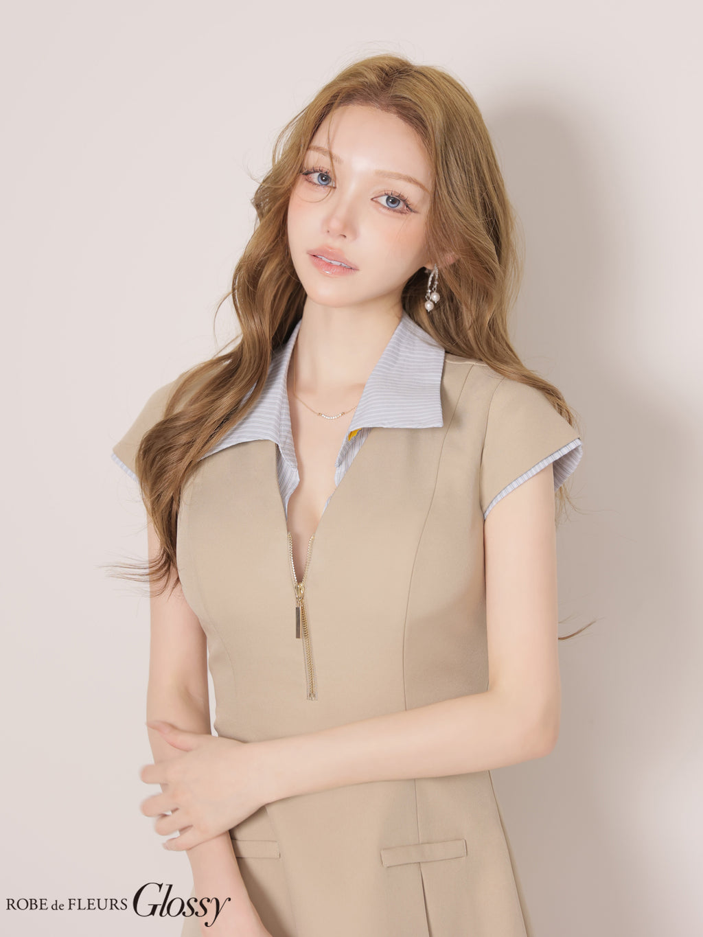 【XS〜Lサイズあり】シャツドッキングフロントジップミニキャバドレス (GL4905)