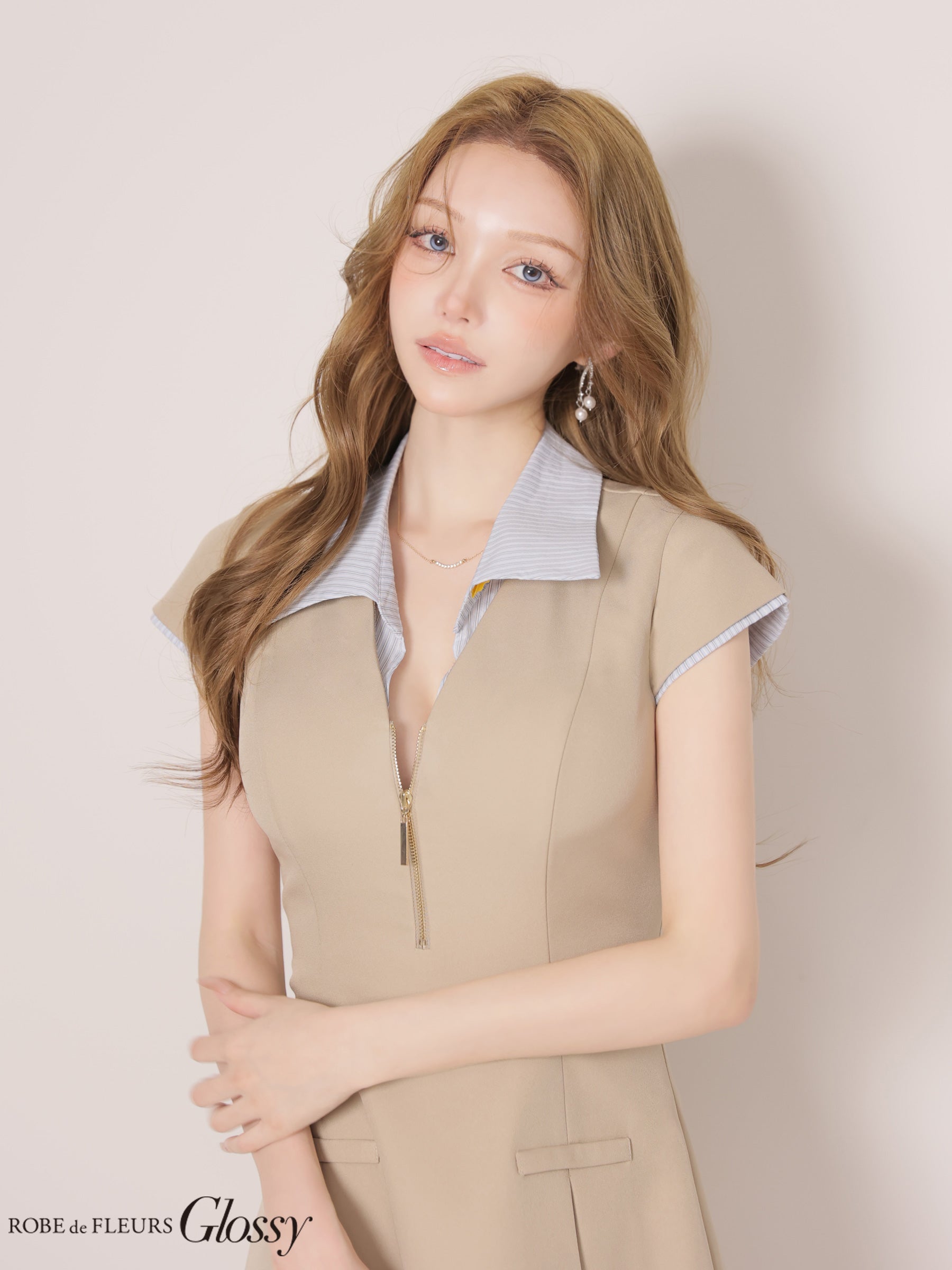 【XS〜Lサイズあり】シャツドッキングフロントジップミニキャバドレス (GL4905)