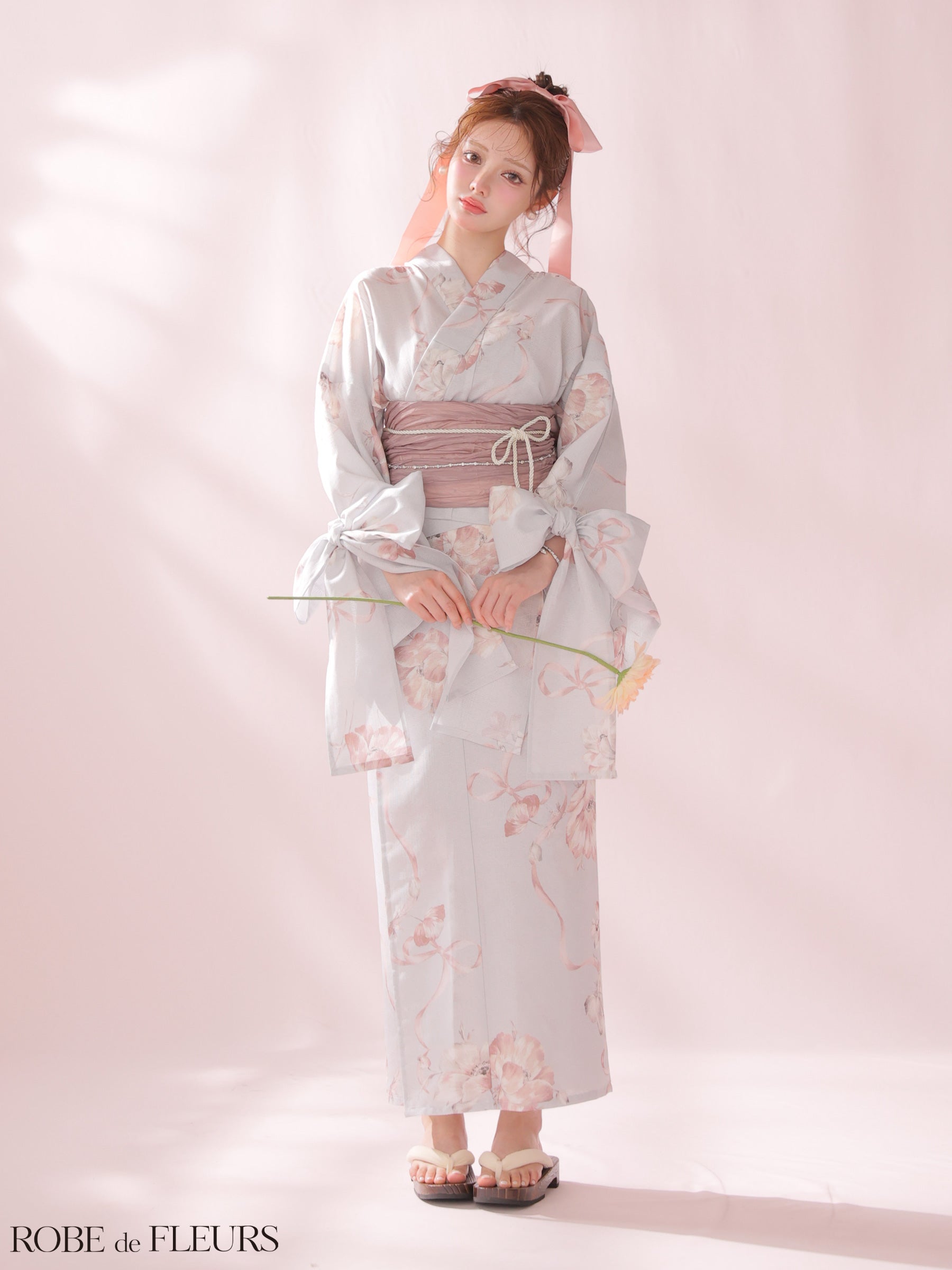 【浴衣】ROBE de FLEURS Ribbon Sleeve Flower Yukata（fm4910）