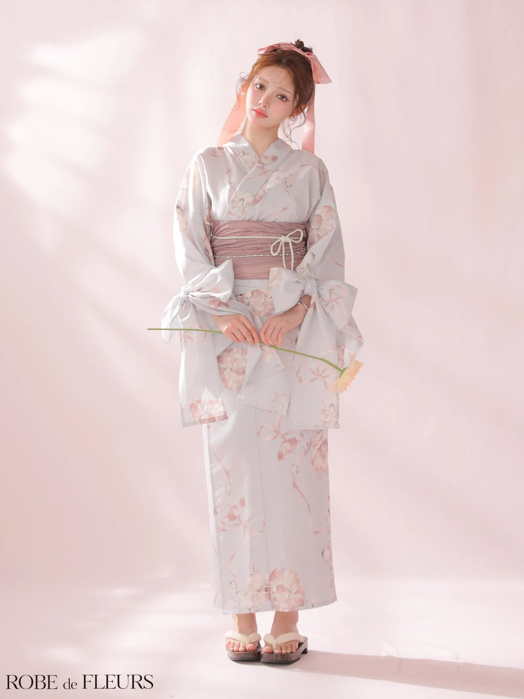 【浴衣】ROBE de FLEURS Ribbon Sleeve Flower Yukata（fm4910）