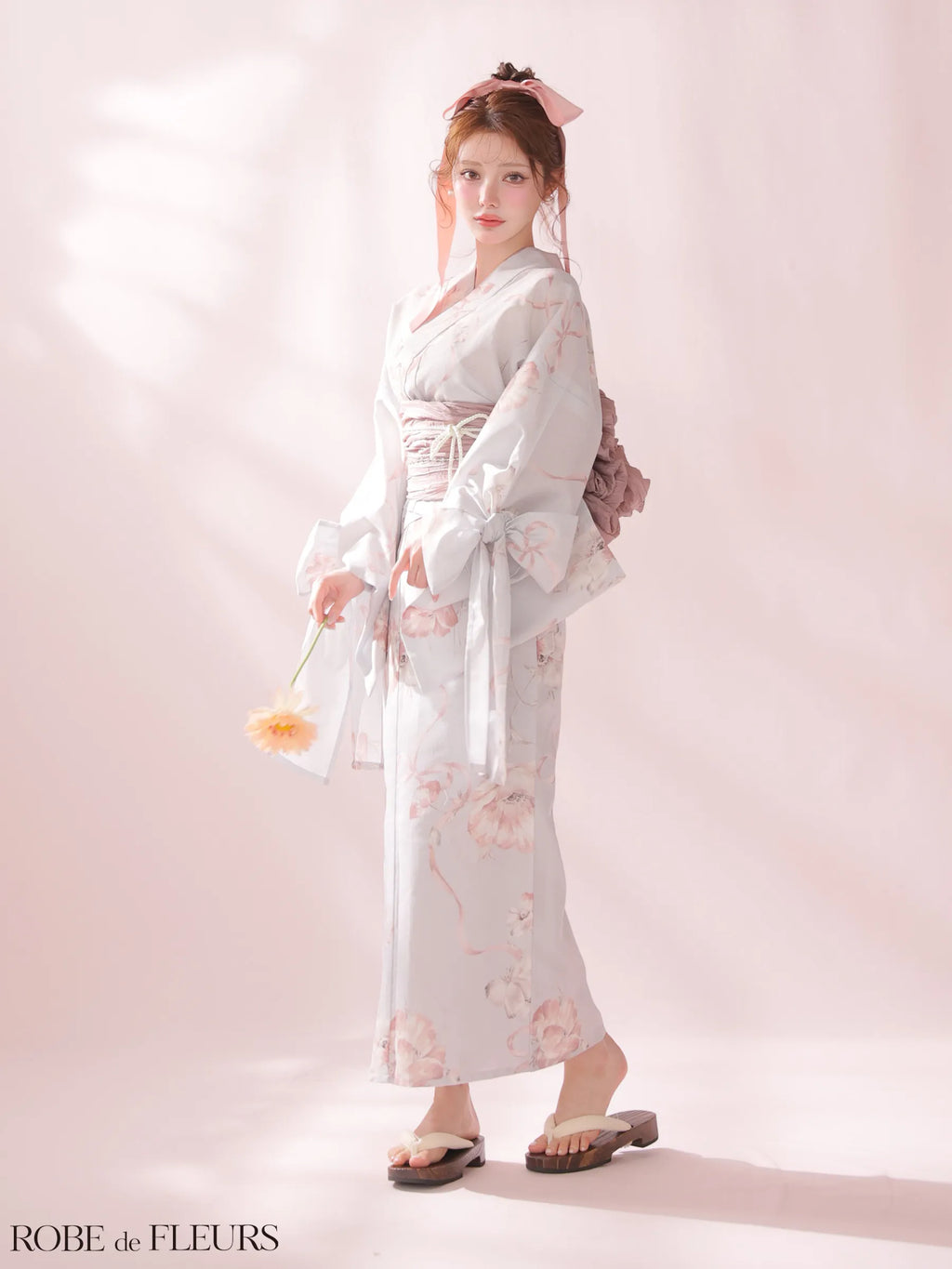 【浴衣】ROBE de FLEURS Ribbon Sleeve Flower Yukata（fm4910）