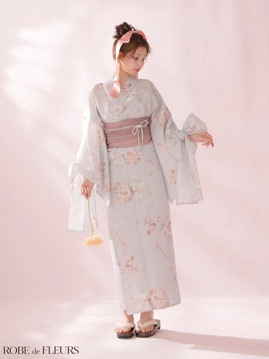 【浴衣】ROBE de FLEURS Ribbon Sleeve Flower Yukata（fm4910）
