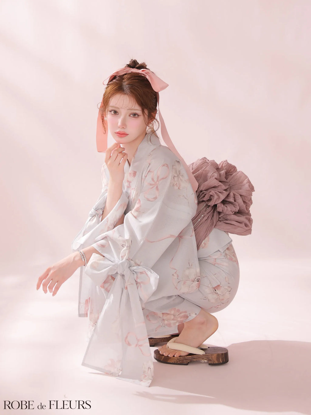 【浴衣】ROBE de FLEURS Ribbon Sleeve Flower Yukata（fm4910）