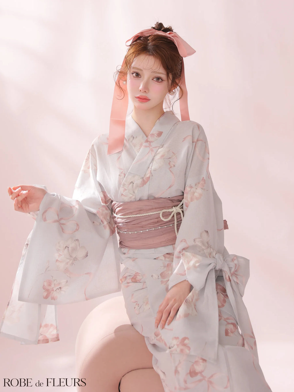 【浴衣】ROBE de FLEURS Ribbon Sleeve Flower Yukata（fm4910）