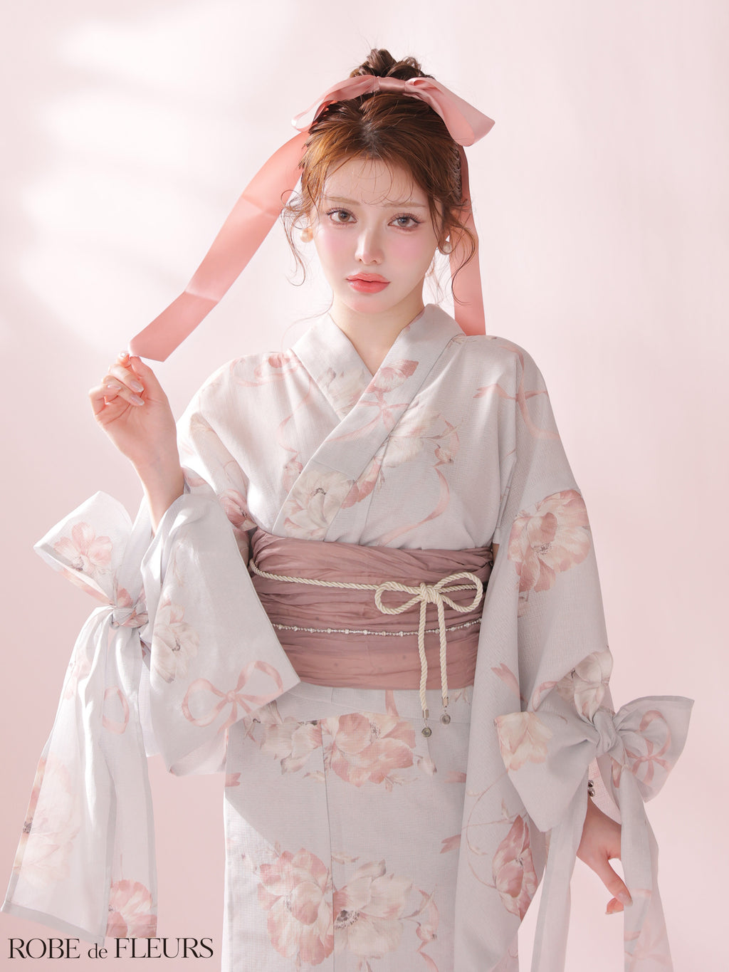 【浴衣】ROBE de FLEURS Ribbon Sleeve Flower Yukata（fm4910）