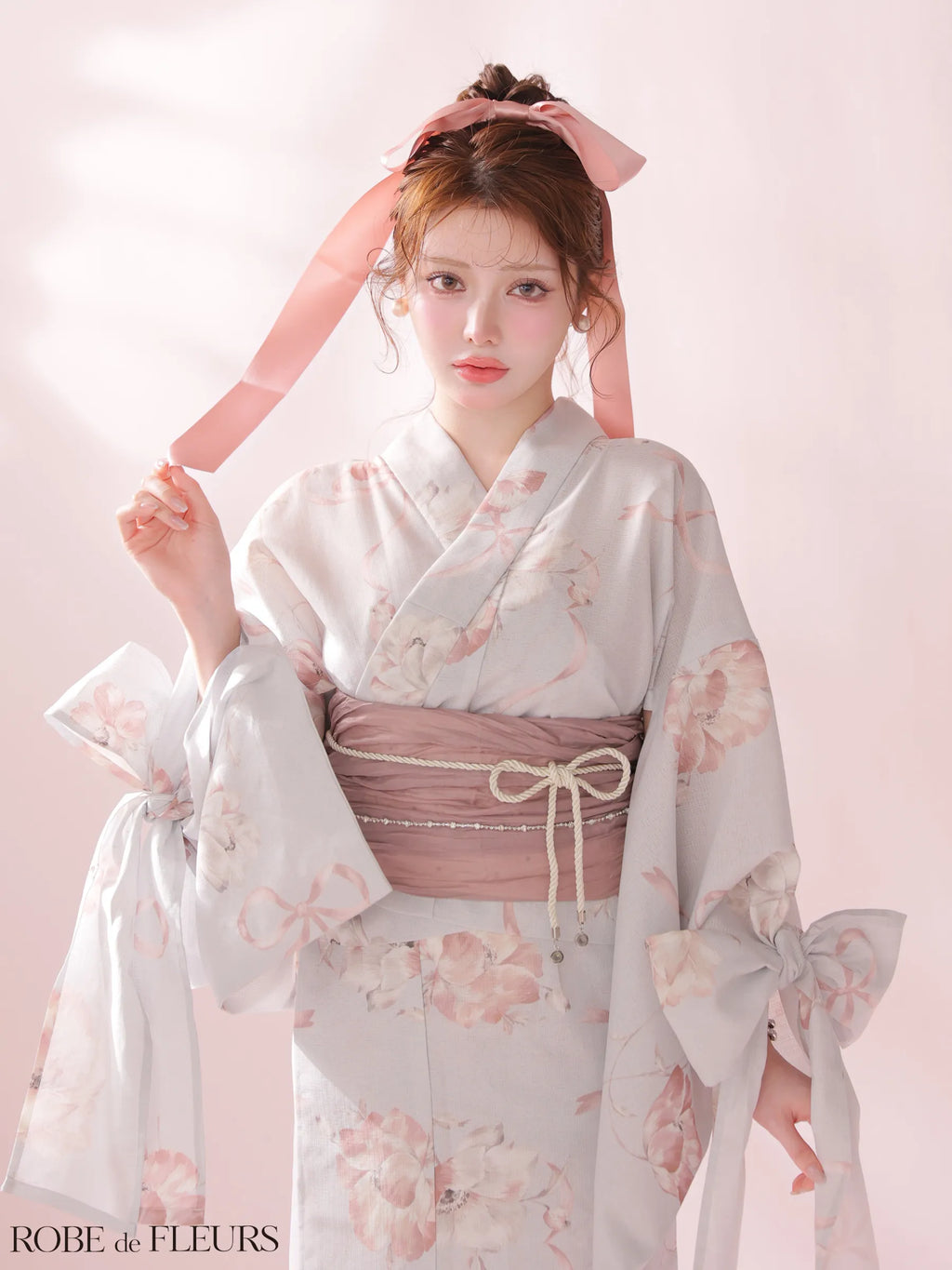 【浴衣】ROBE de FLEURS Ribbon Sleeve Flower Yukata（fm4910）